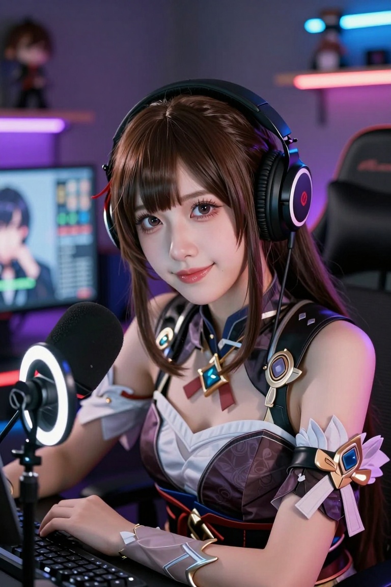 A hyper realistic cinematic image of a female streamer in cosplay,  sitting in a modern streaming room setup,  professiona...