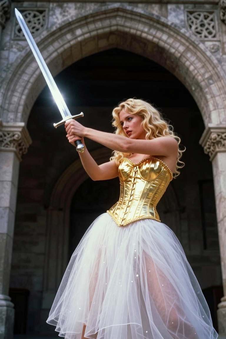 A powerful,  low-angle shot of a blonde woman in a sparkling gold corset and white tulle skirt swinging a longsword. She s...