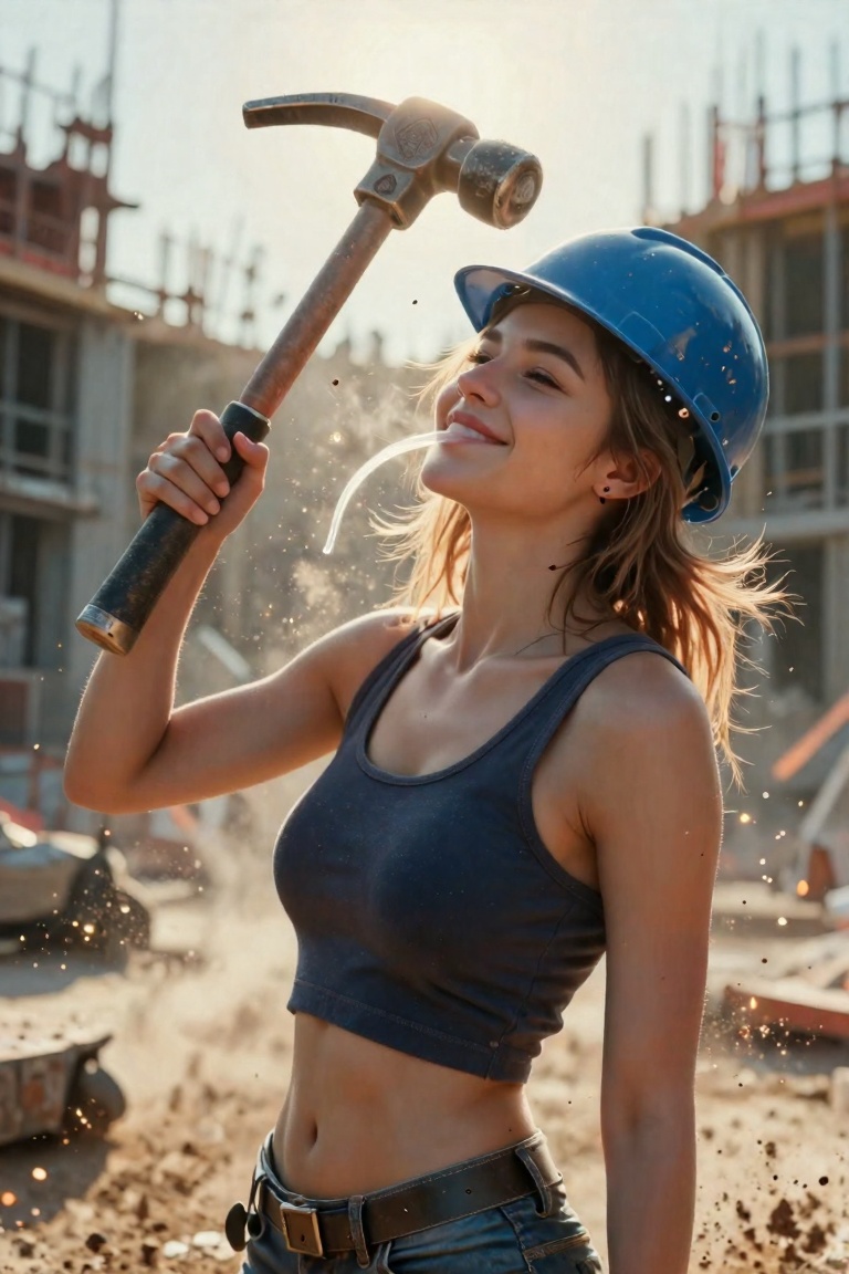 construction site chaos,  rebellious girl with jackhammer,  dirt flying on Tensor.Art