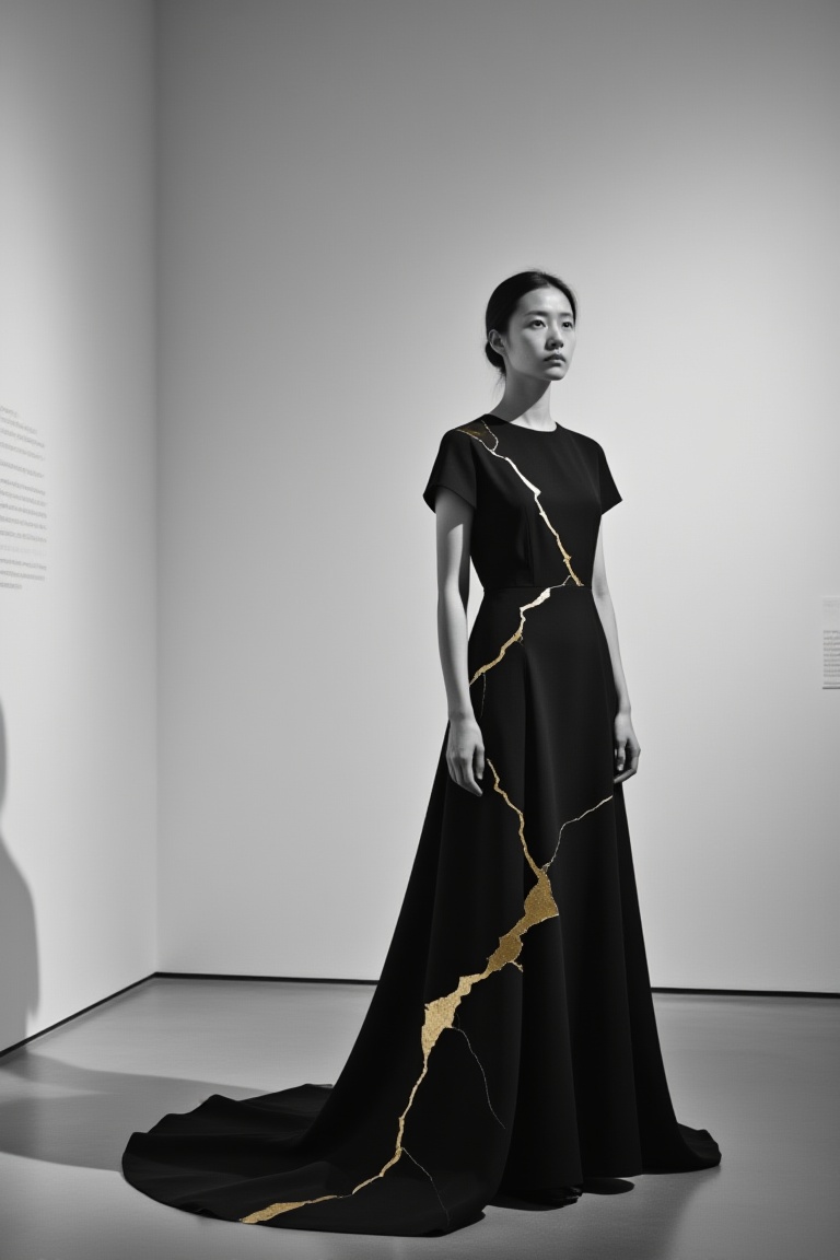 Masterpiece,  ultra high quality,  fine art minimalist black and white full-body portrait. inspired by gallery installatio...