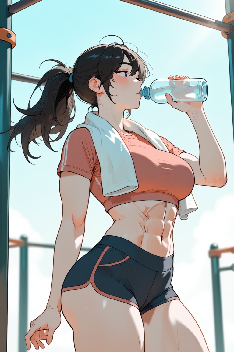 Dynamic sports illustration of a young girl taking a short break during outdoor training under a bright summer sky. The st...