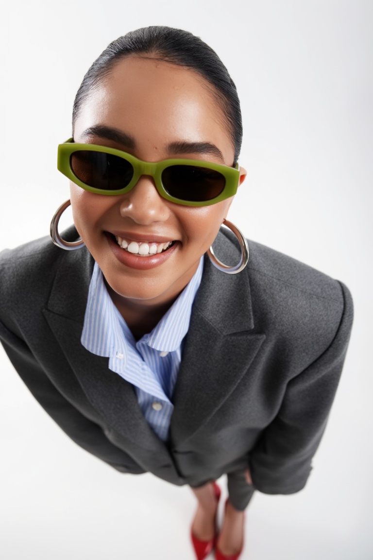 high-angle worm's-eye view portrait of a confident young woman,  early 20s,  mixed ethnicity (light olive skin on Tensor.Art