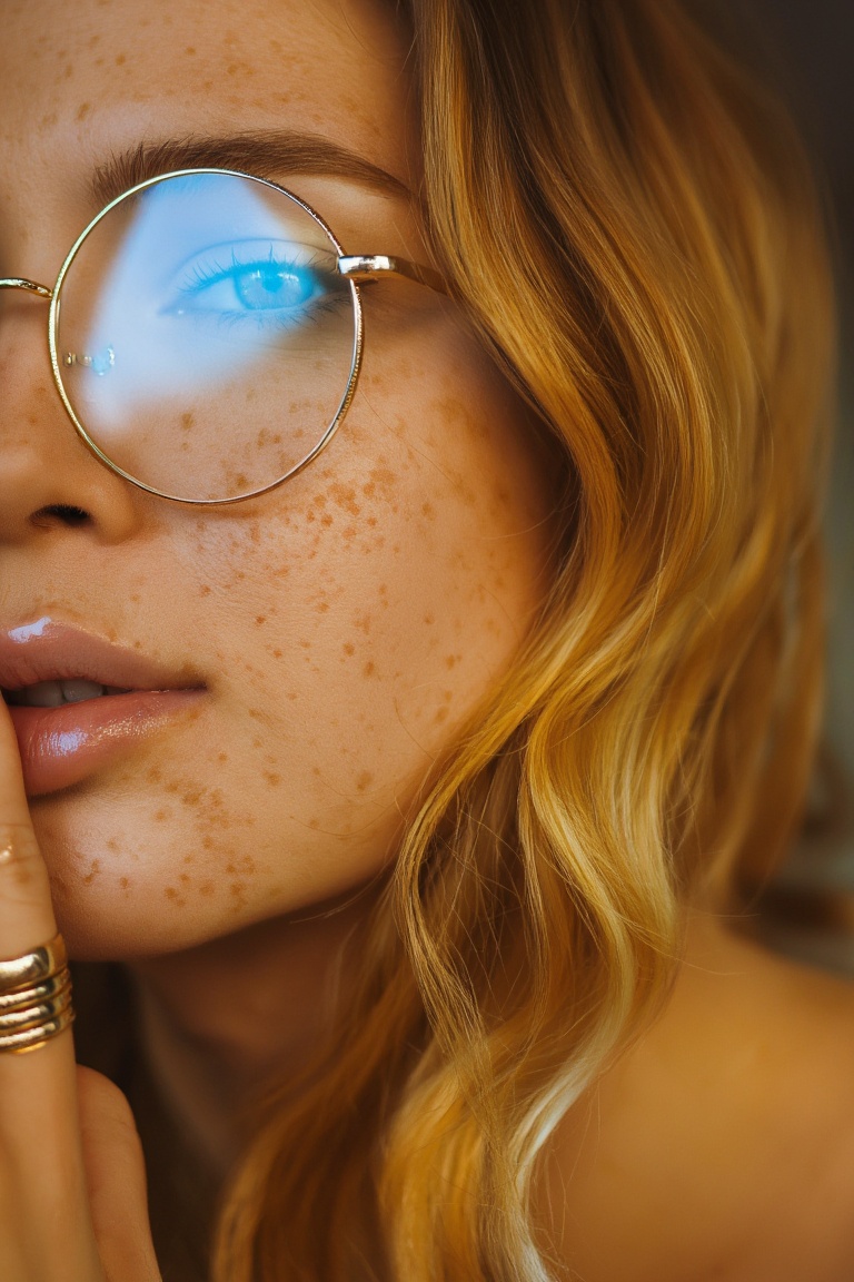 extreme close-up beauty shot of a young woman,  early 20s,  warm beige skin with natural freckles across nose and cheeks o...