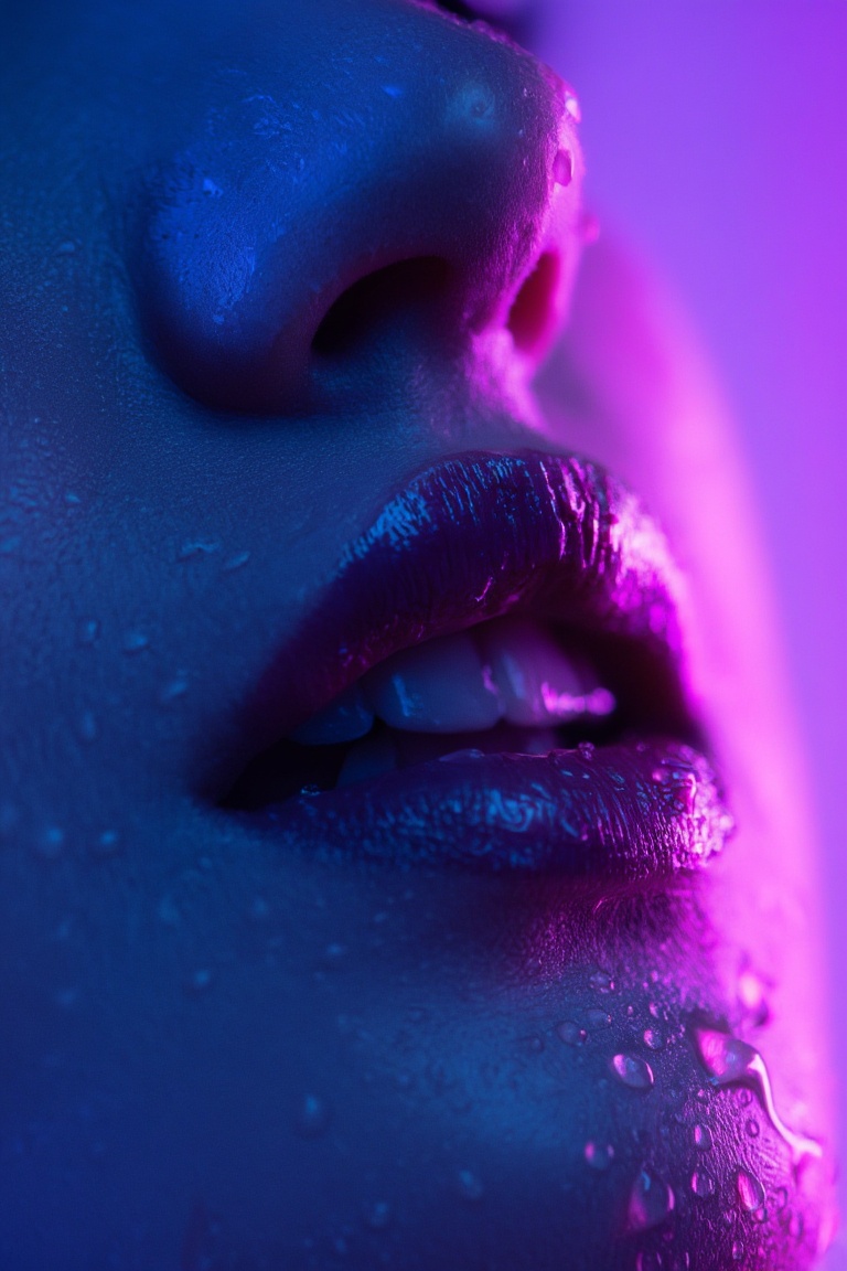 macro extreme close-up of female lips and lower nose,  glossy deep rose-pink lips slightly parted,  revealing upper teeth...