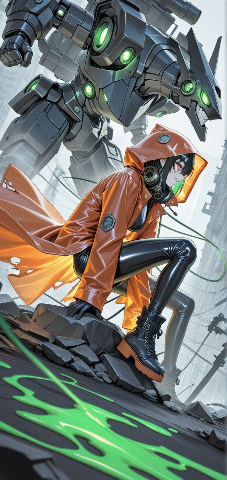 side profile. grunge bold text "Hiro" on it. stylized fonts style on side the image. mecha woman. steampunk style. porcela...