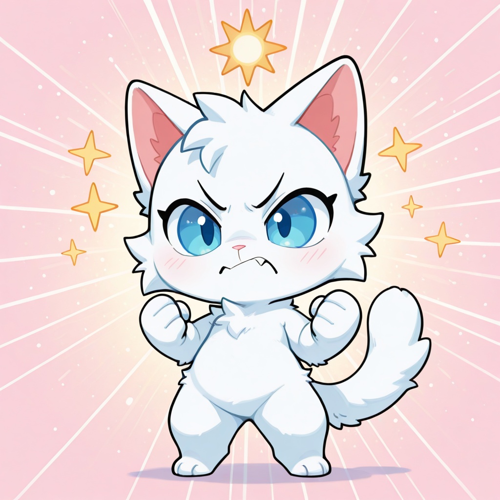 Chibi anthro white cat with exaggeratedly big head and enormous,  watery blue eyes wide with fury—eyebrows scrunched into...