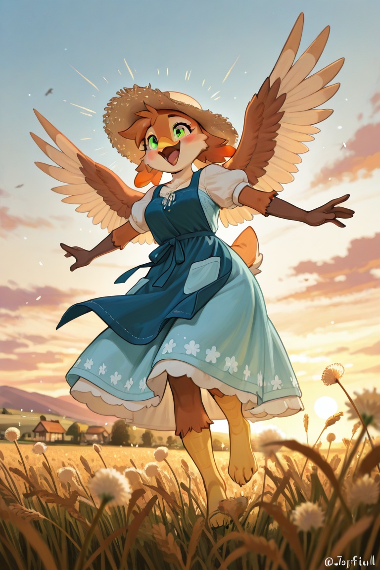 Anthro furry bird village girl—soft brown feathered wings,  amber eyes,  rosy cheeks on Tensor.Art