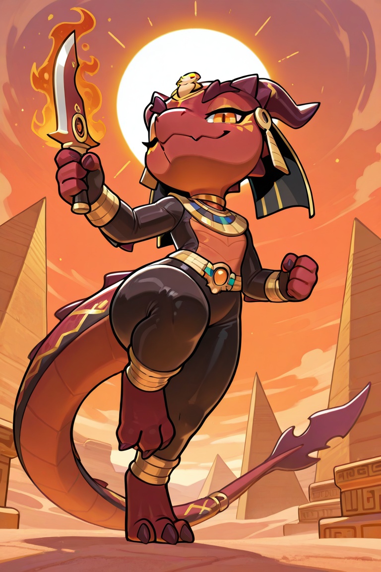 Chibi-style Egyptian red dragon with golden kohl-lined eyes,  scaled crimson skin,  and ornate gold headdress featuring a...