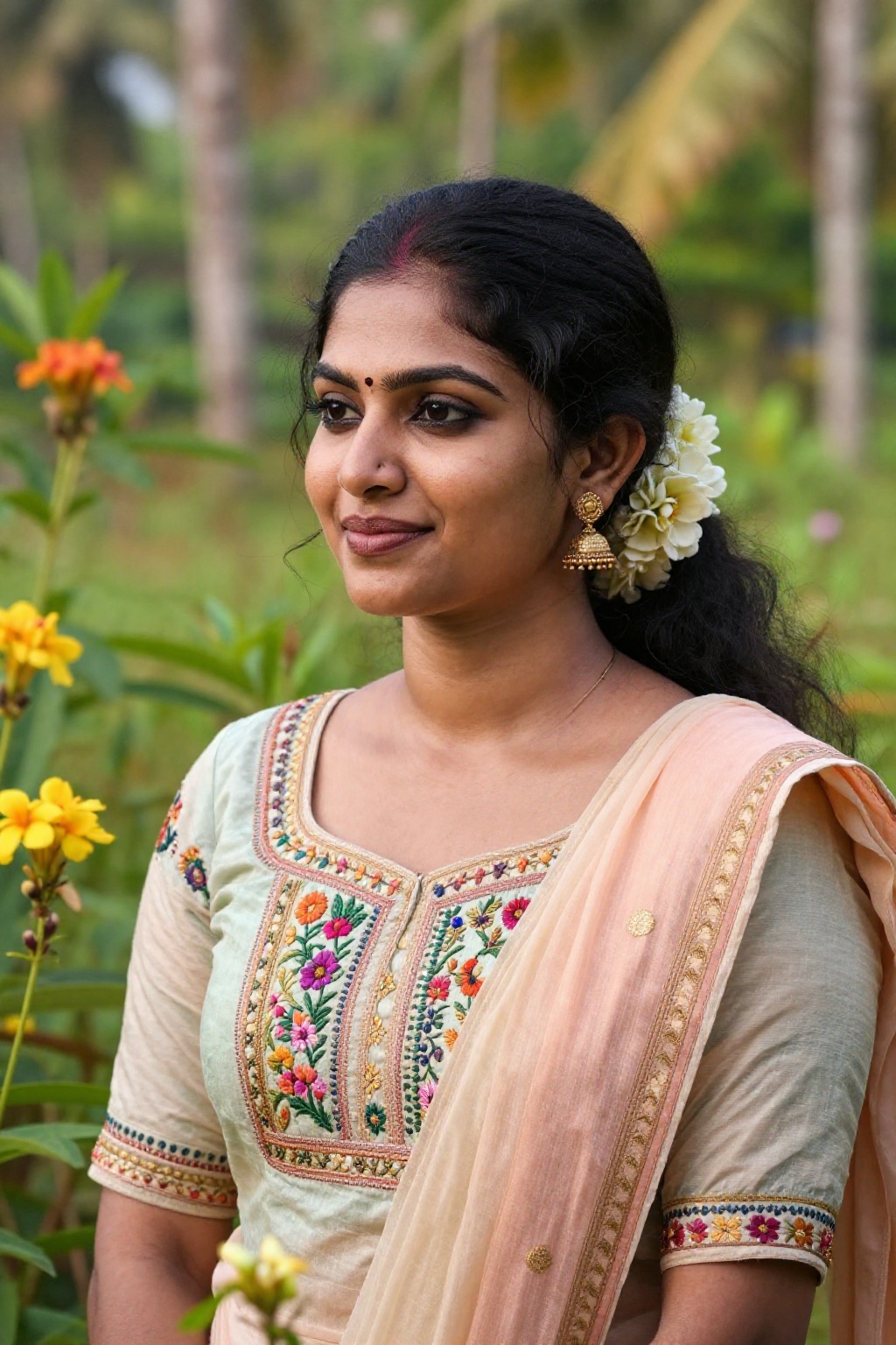 A detailed image of a Kerala woman,  dressed in traditional attire,  standing amidst lush greenery and vibrant flowers. Th...