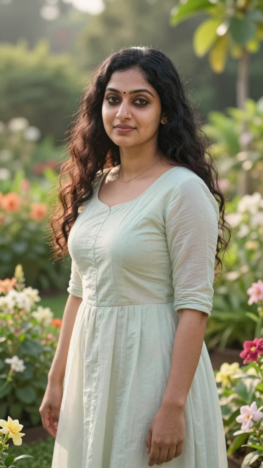 Detailed image of a kerala woman standing in a lush garden,  bathed in morning sunlight,  with soft pastel colors and a se...