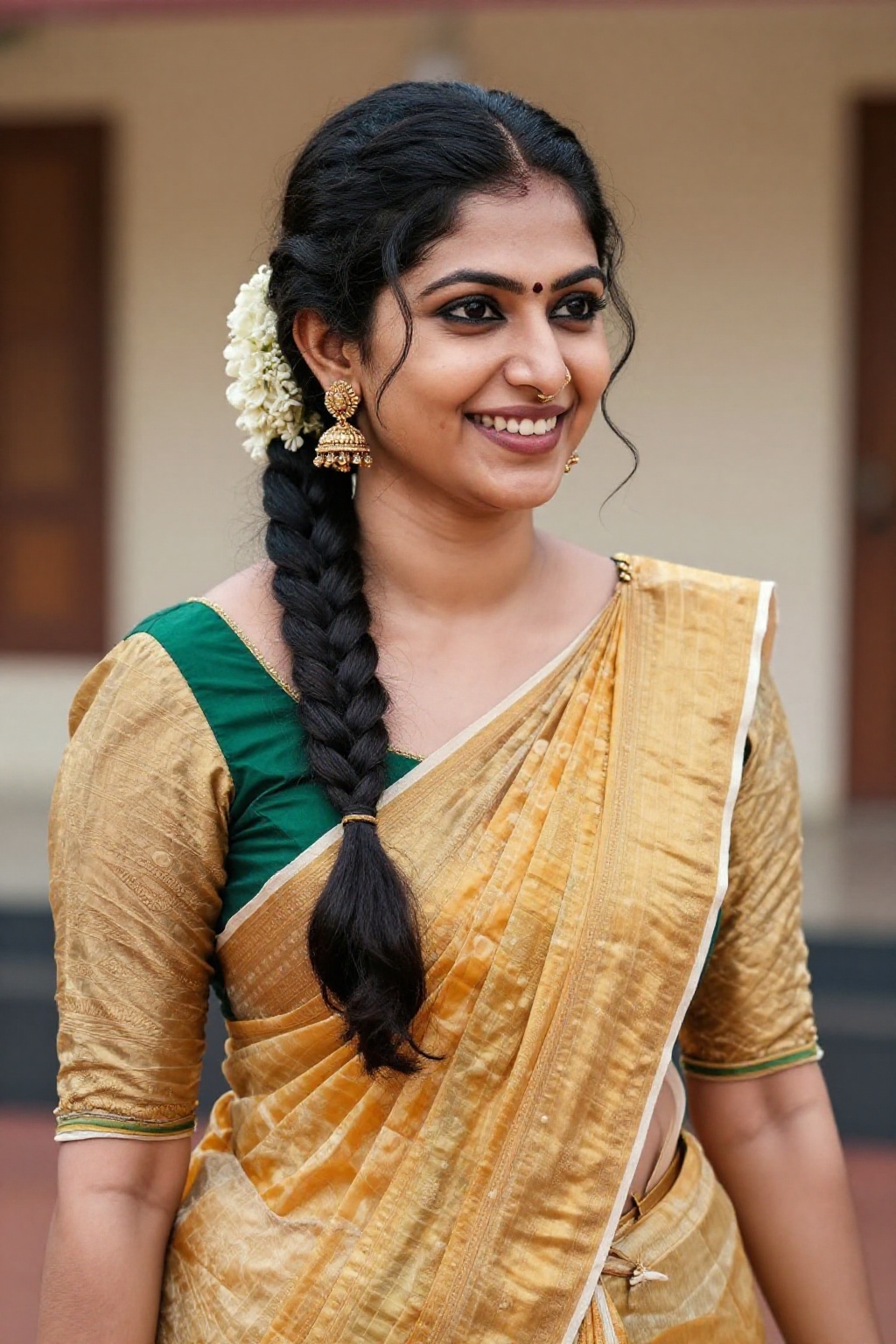 Create a detailed image of a Kerala woman,  capturing her warm smile,  showcasing her beautifully braided hair on Tensor.Art