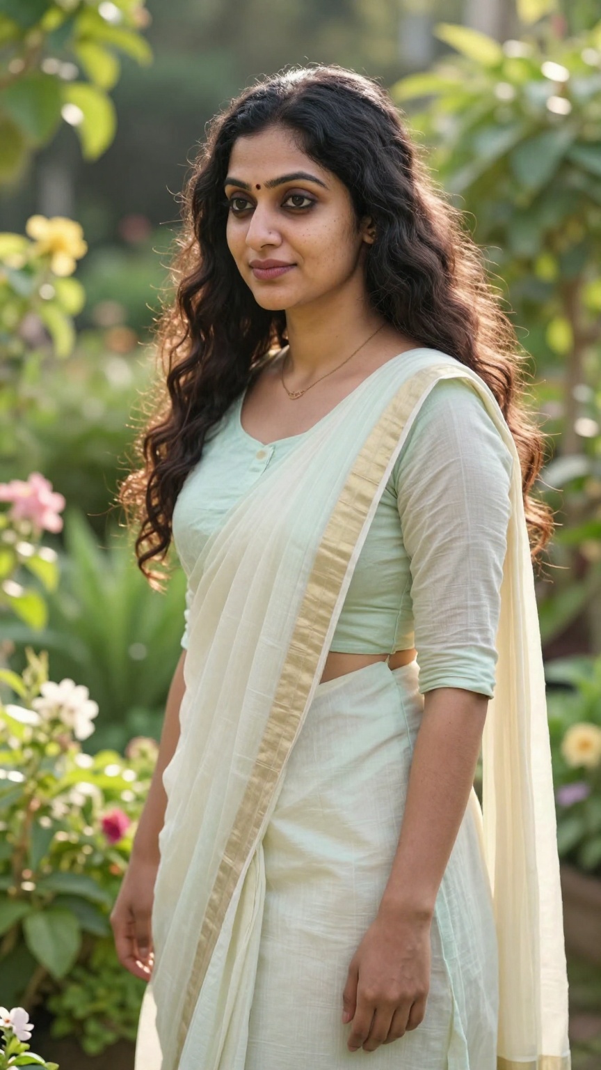 Detailed image of a kerala woman standing in a lush garden,  bathed in morning sunlight,  with soft pastel colors and a se...