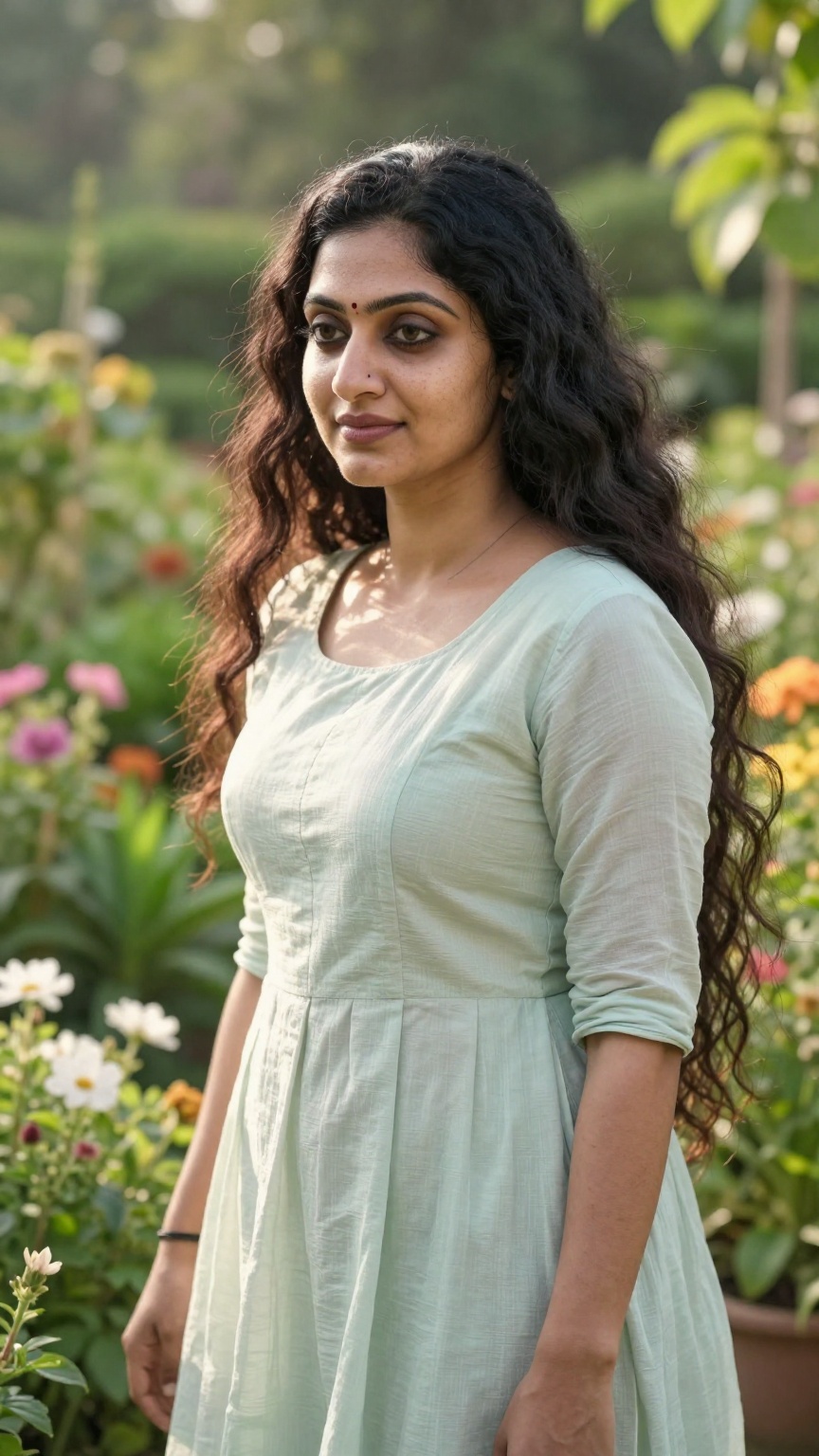 Detailed image of a kerala woman standing in a lush garden,  bathed in morning sunlight,  with soft pastel colors and a se...