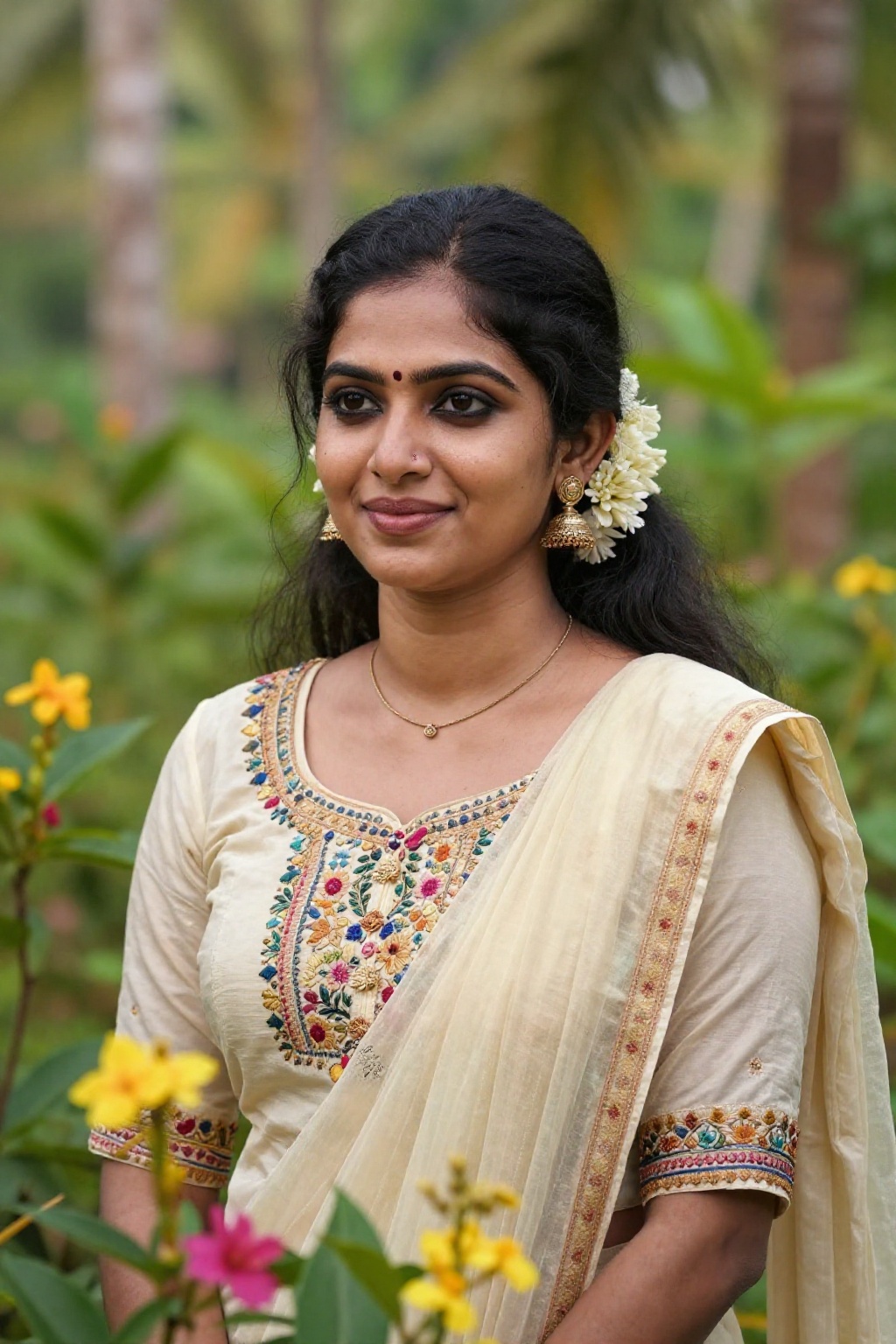 A detailed image of a Kerala woman,  dressed in traditional attire,  standing amidst lush greenery and vibrant flowers. Th...