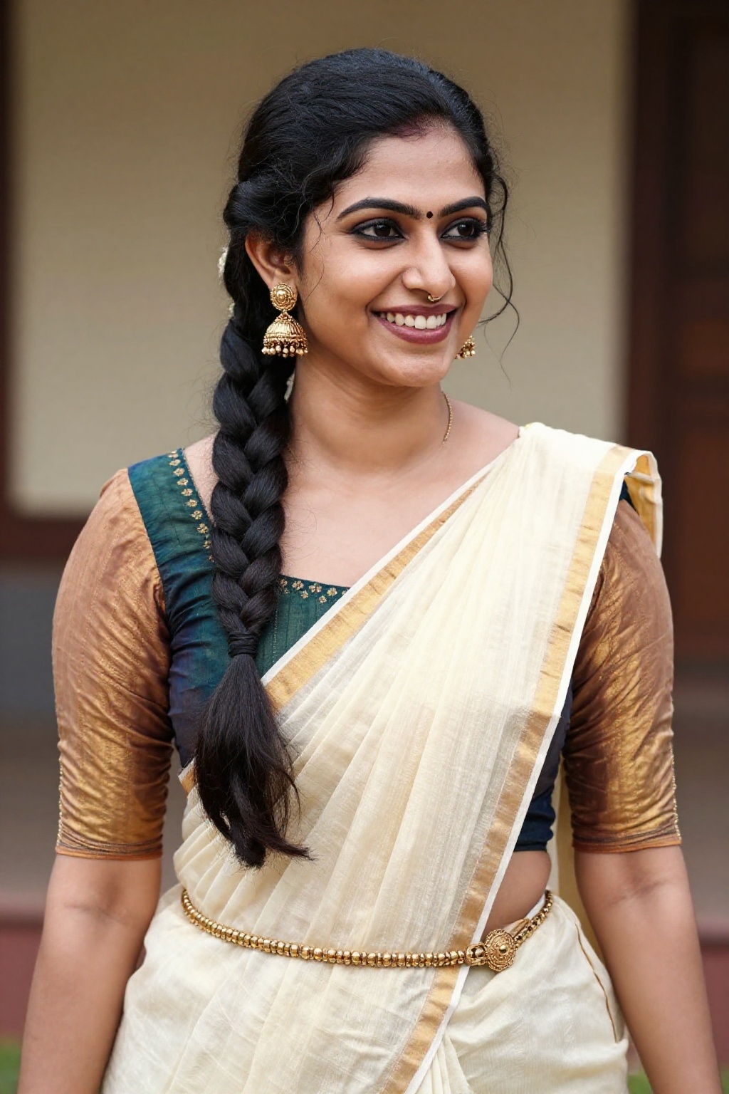 Create a detailed image of a Kerala woman,  capturing her warm smile,  showcasing her beautifully braided hair on Tensor.Art