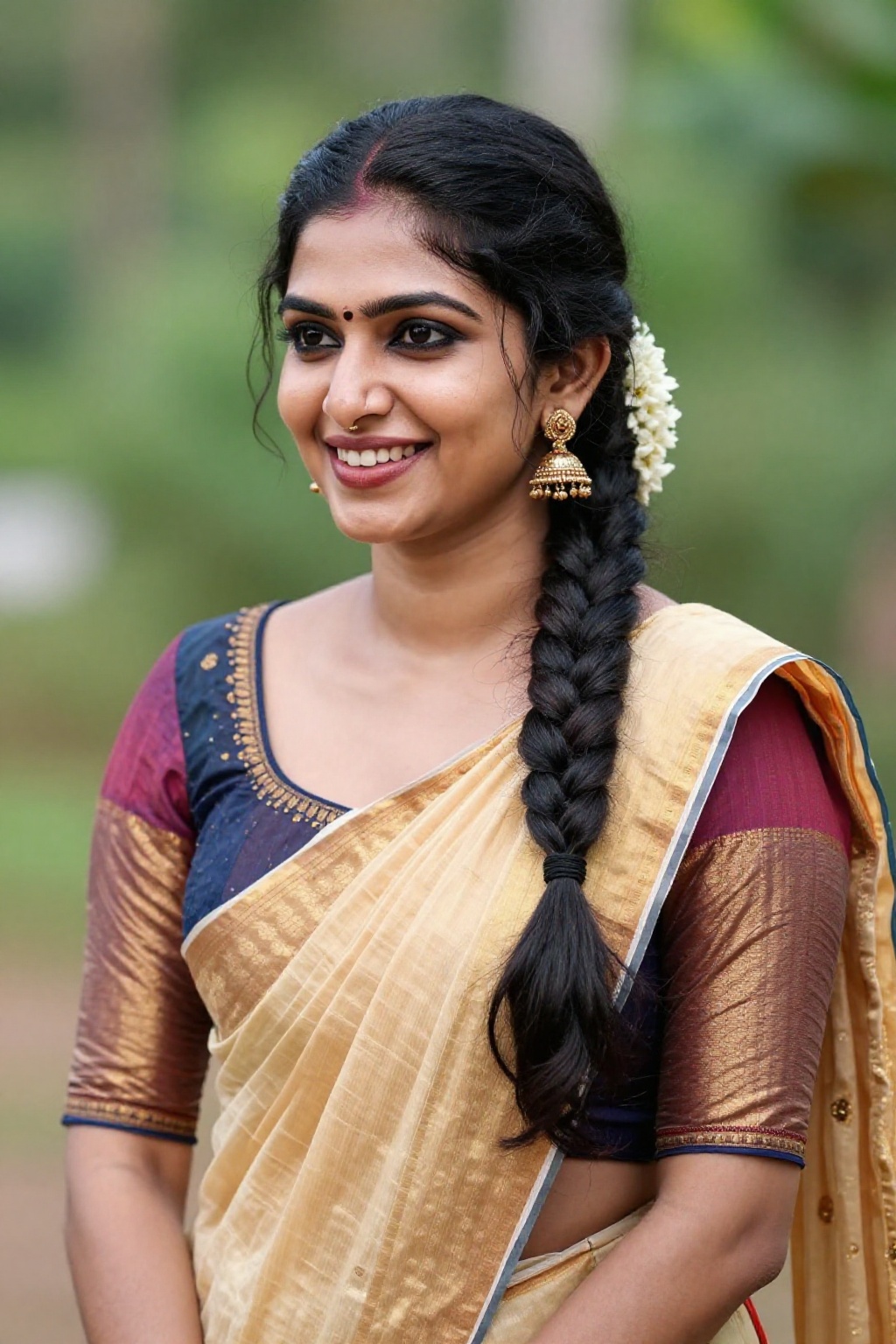 Create a detailed image of a Kerala woman,  capturing her warm smile,  showcasing her beautifully braided hair on Tensor.Art