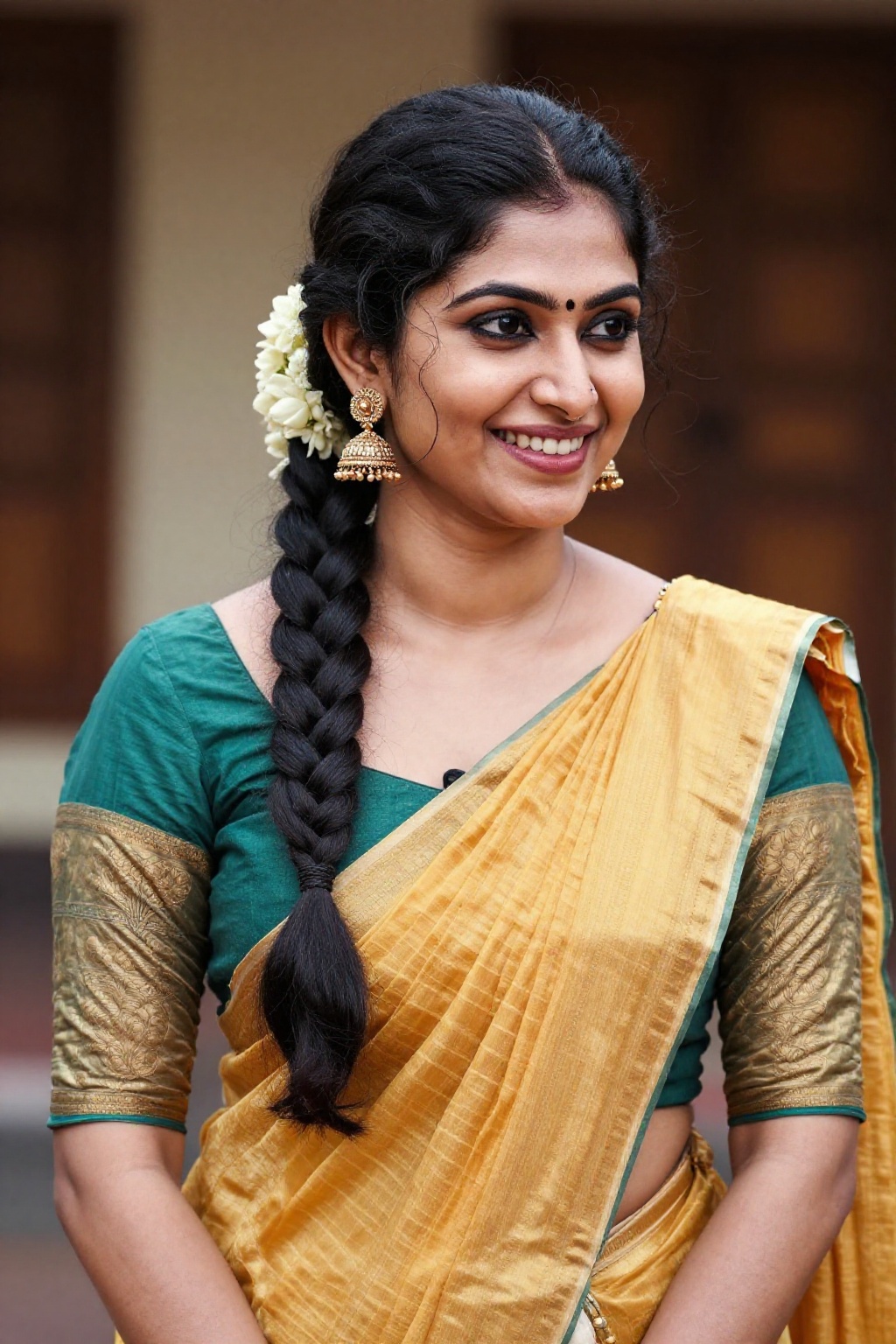 Create a detailed image of a Kerala woman,  capturing her warm smile,  showcasing her beautifully braided hair on Tensor.Art