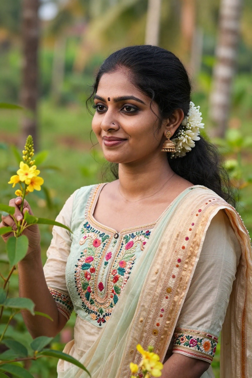 A detailed image of a Kerala woman,  dressed in traditional attire,  standing amidst lush greenery and vibrant flowers. Th...