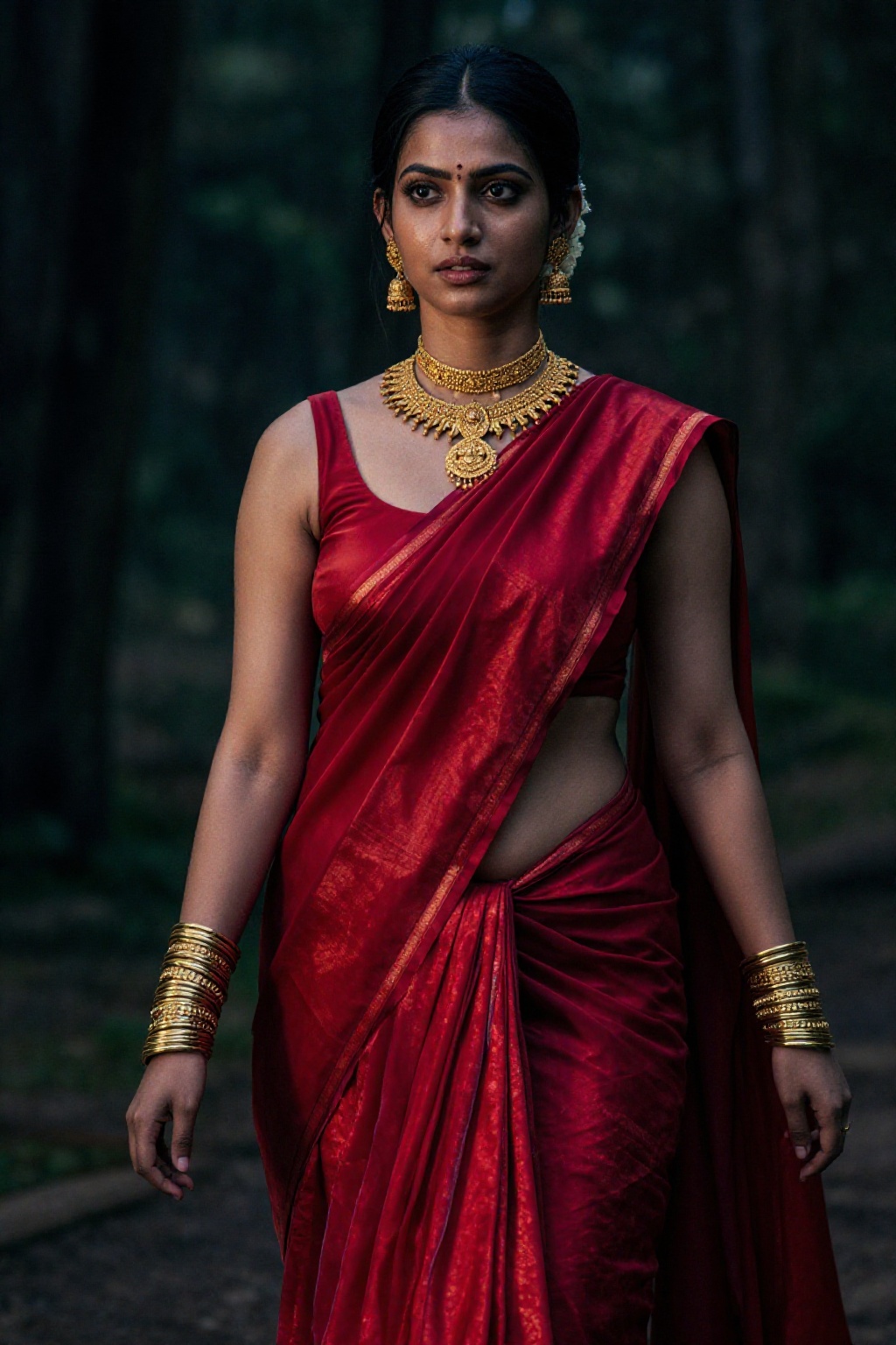 "Hyper-realistic image of a young Indian woman from a wealthy family,  trekking through a dark,  old-growth forest in Kera...