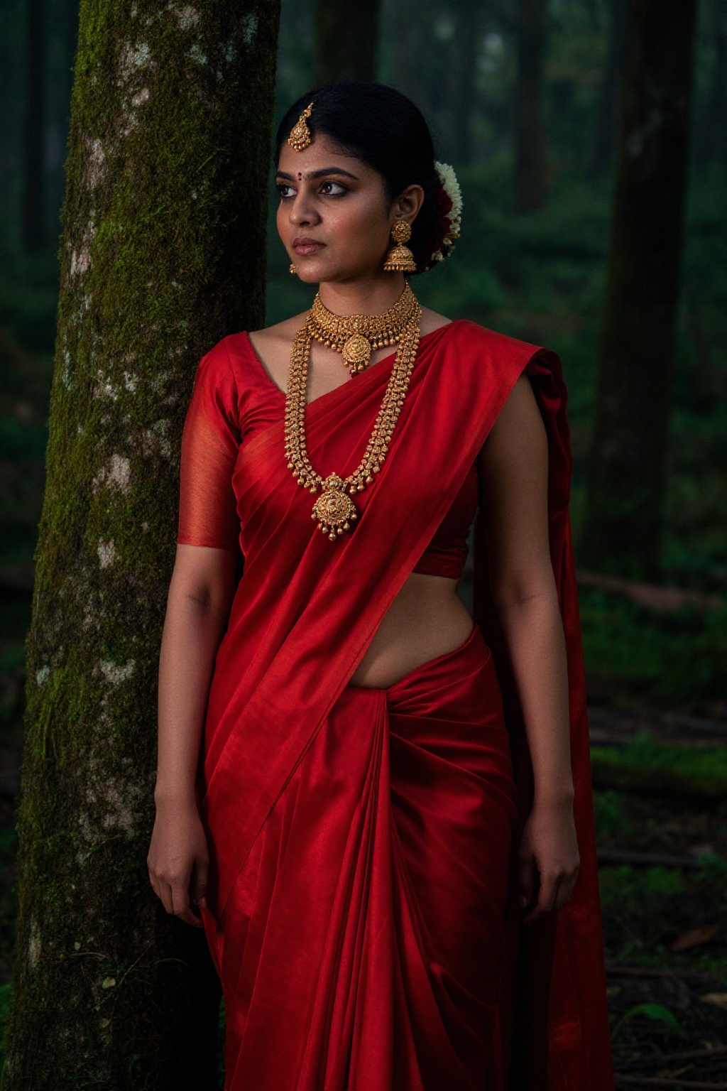 Deep in the woods of Kerala,  a young rich woman in a bright red silk pattu saree leans against a moss-covered tree. The s...