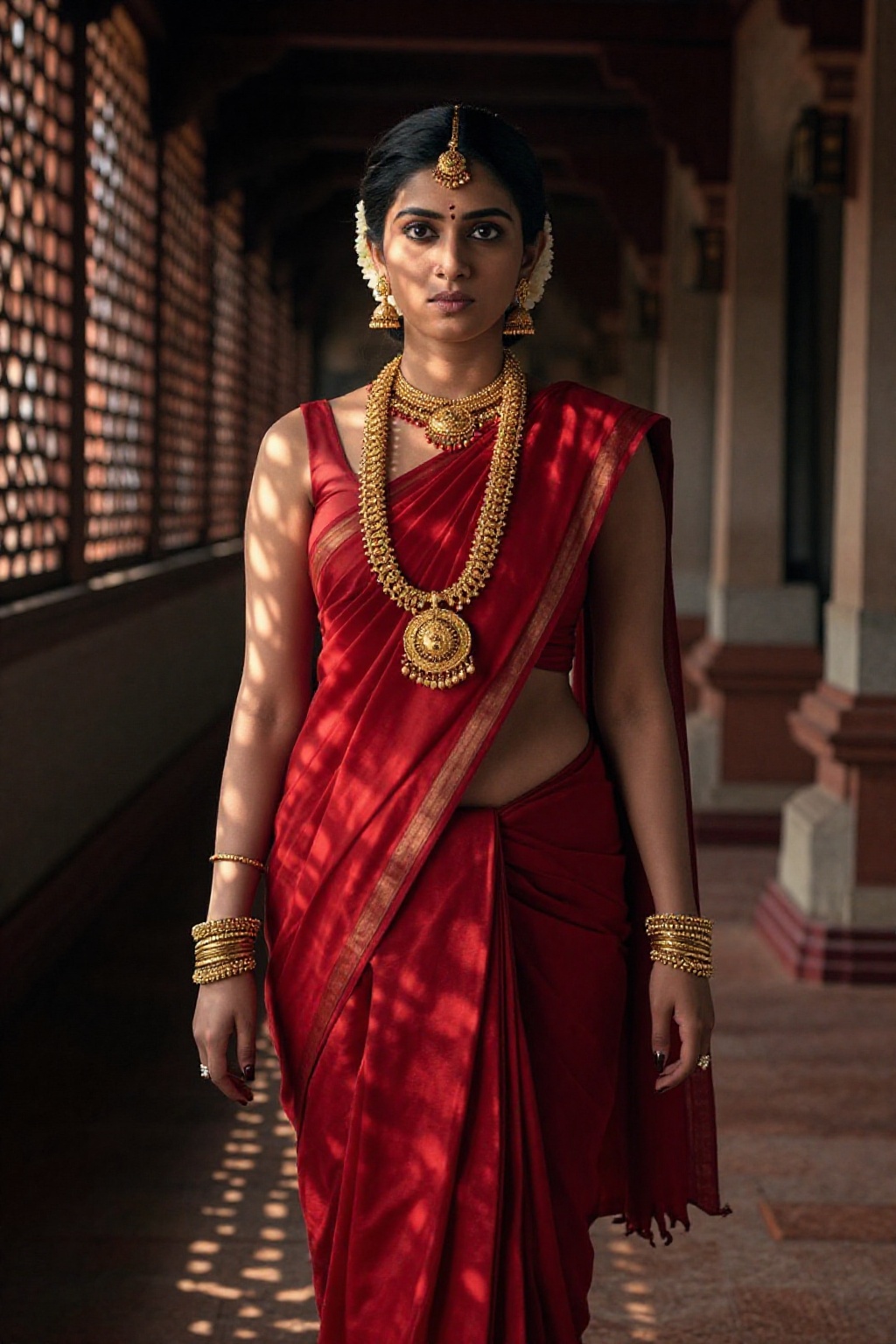 A young,  rich woman in a luxurious red pattu saree standing in the dimly lit corridor of an ancient Kerala palace. The sa...