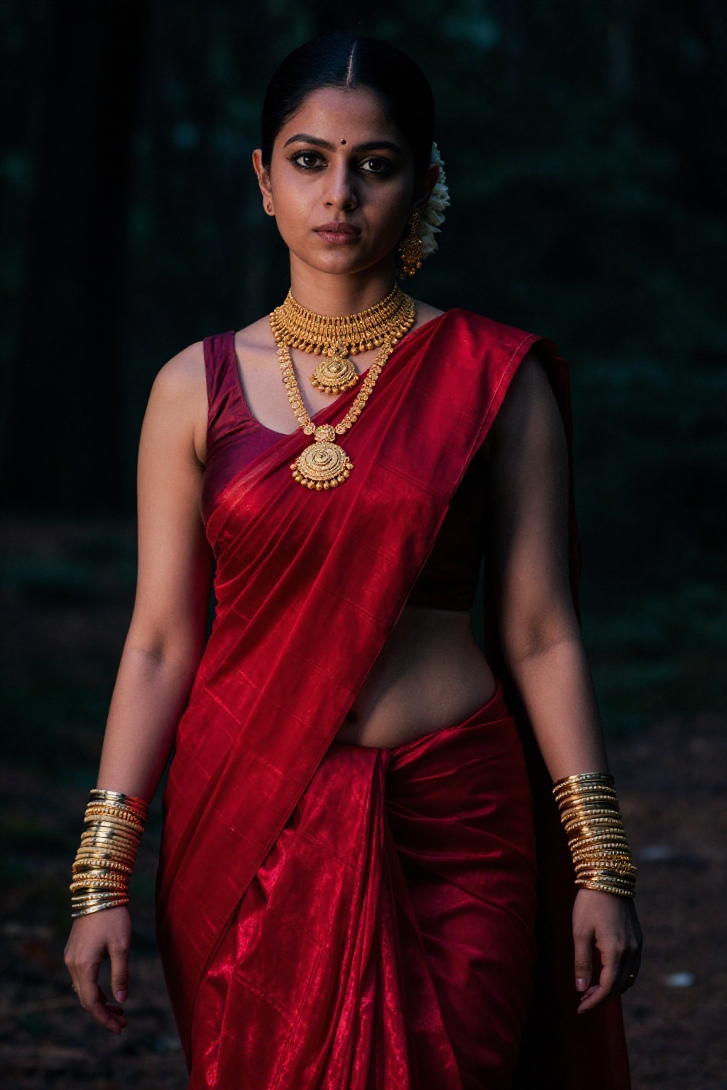 "Hyper-realistic image of a young Indian woman from a wealthy family,  trekking through a dark,  old-growth forest in Kera...