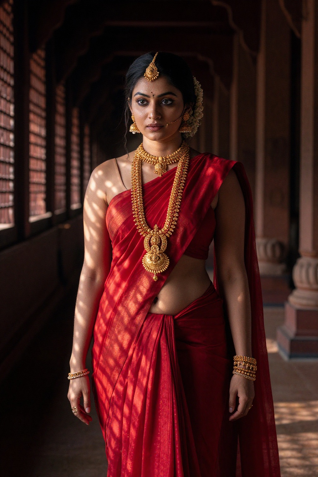 A young,  rich woman in a luxurious red pattu saree standing in the dimly lit corridor of an ancient Kerala palace. The sa...
