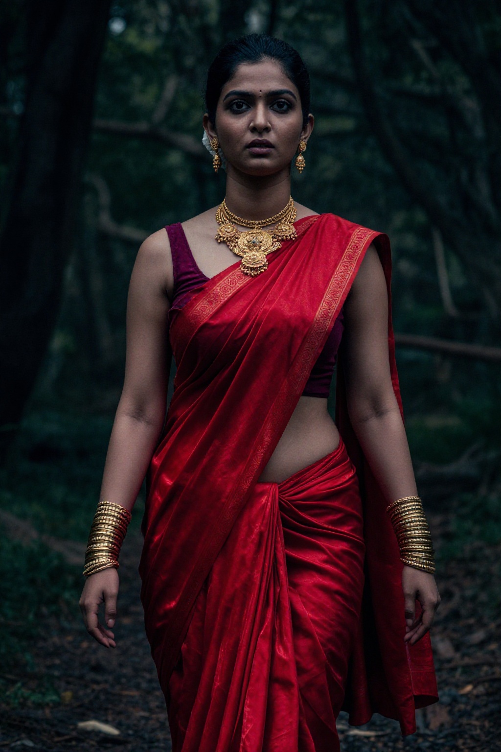 "Hyper-realistic image of a young Indian woman from a wealthy family,  trekking through a dark,  old-growth forest in Kera...