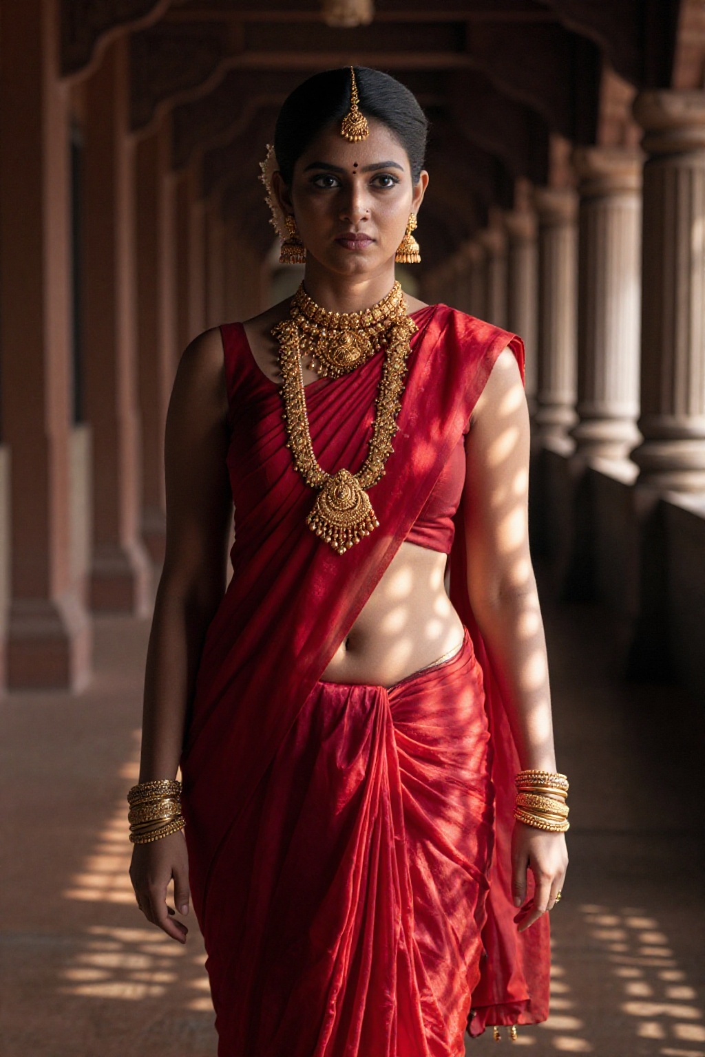 A young,  rich woman in a luxurious red pattu saree standing in the dimly lit corridor of an ancient Kerala palace. The sa...