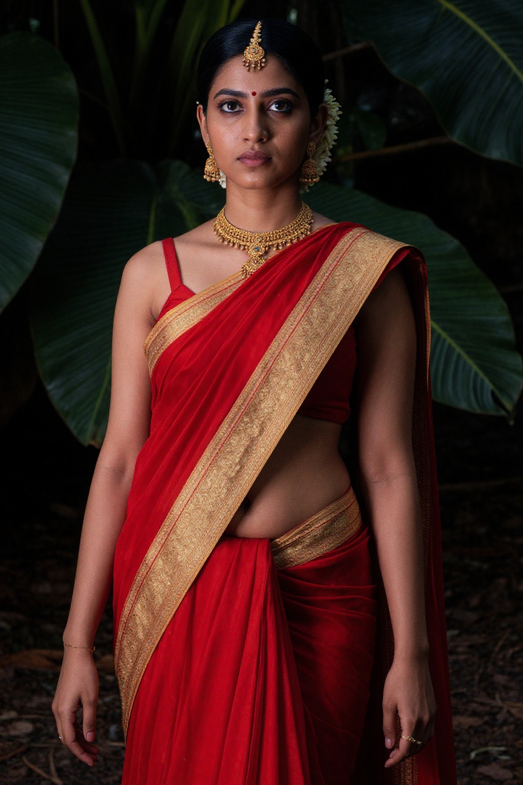 "A high-fashion editorial portrait of a rich young woman in a traditional red pattu saree with a thick gold border. She is...