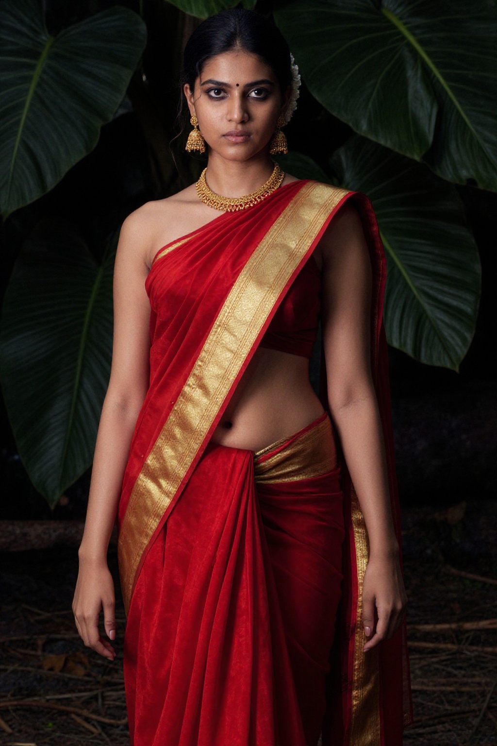 "A high-fashion editorial portrait of a rich young woman in a traditional red pattu saree with a thick gold border. She is...
