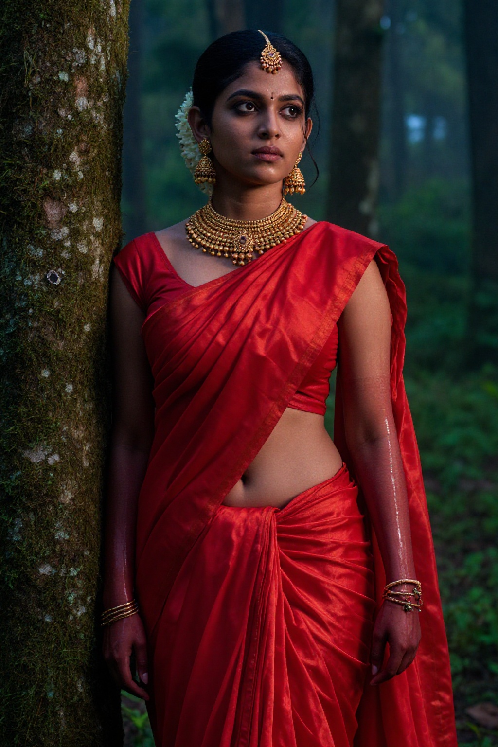 Deep in the woods of Kerala,  a young rich woman in a bright red silk pattu saree leans against a moss-covered tree. The s...