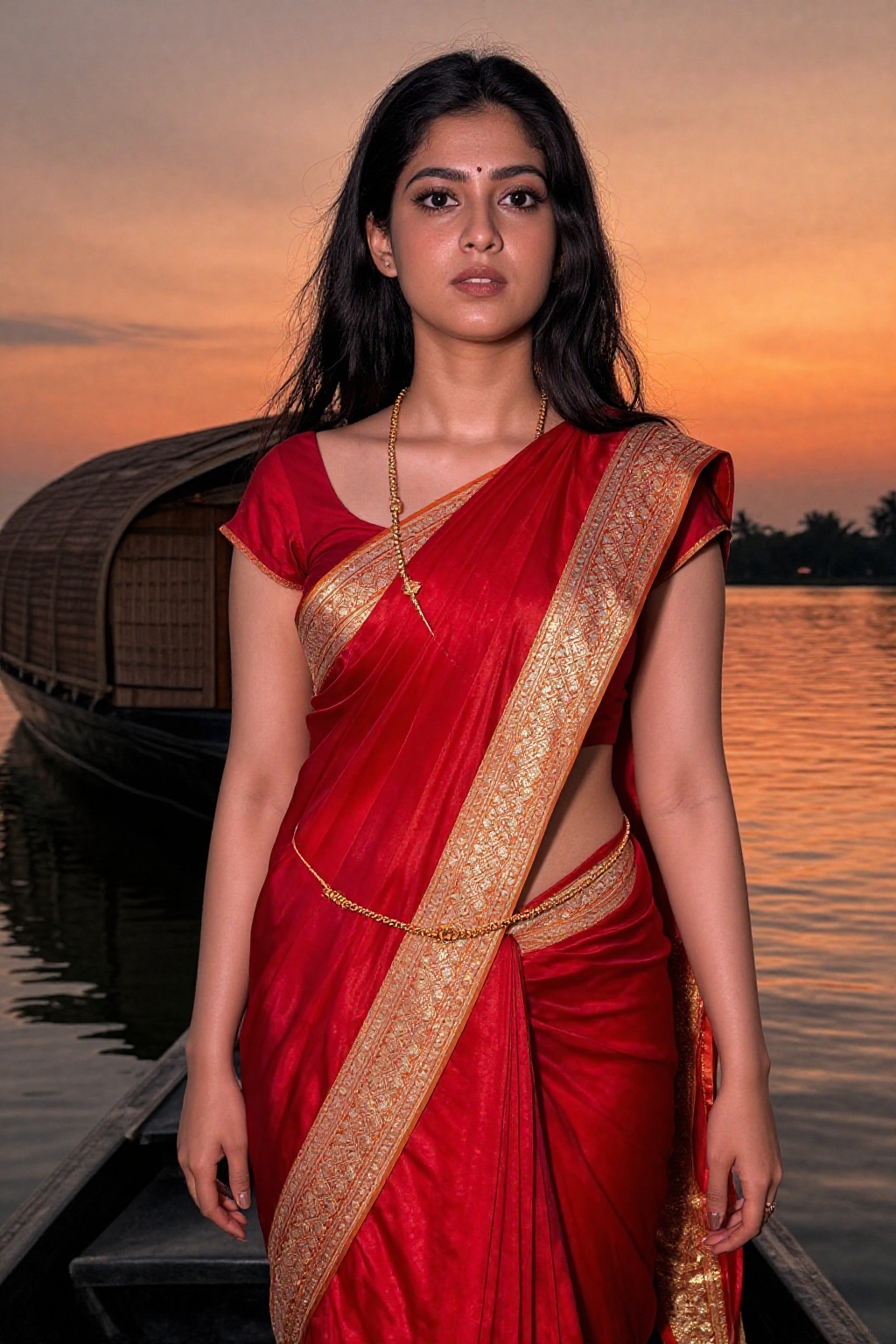 A wealthy young woman standing on a traditional wooden houseboat in the Kerala backwaters. She is wearing a vibrant red pa...