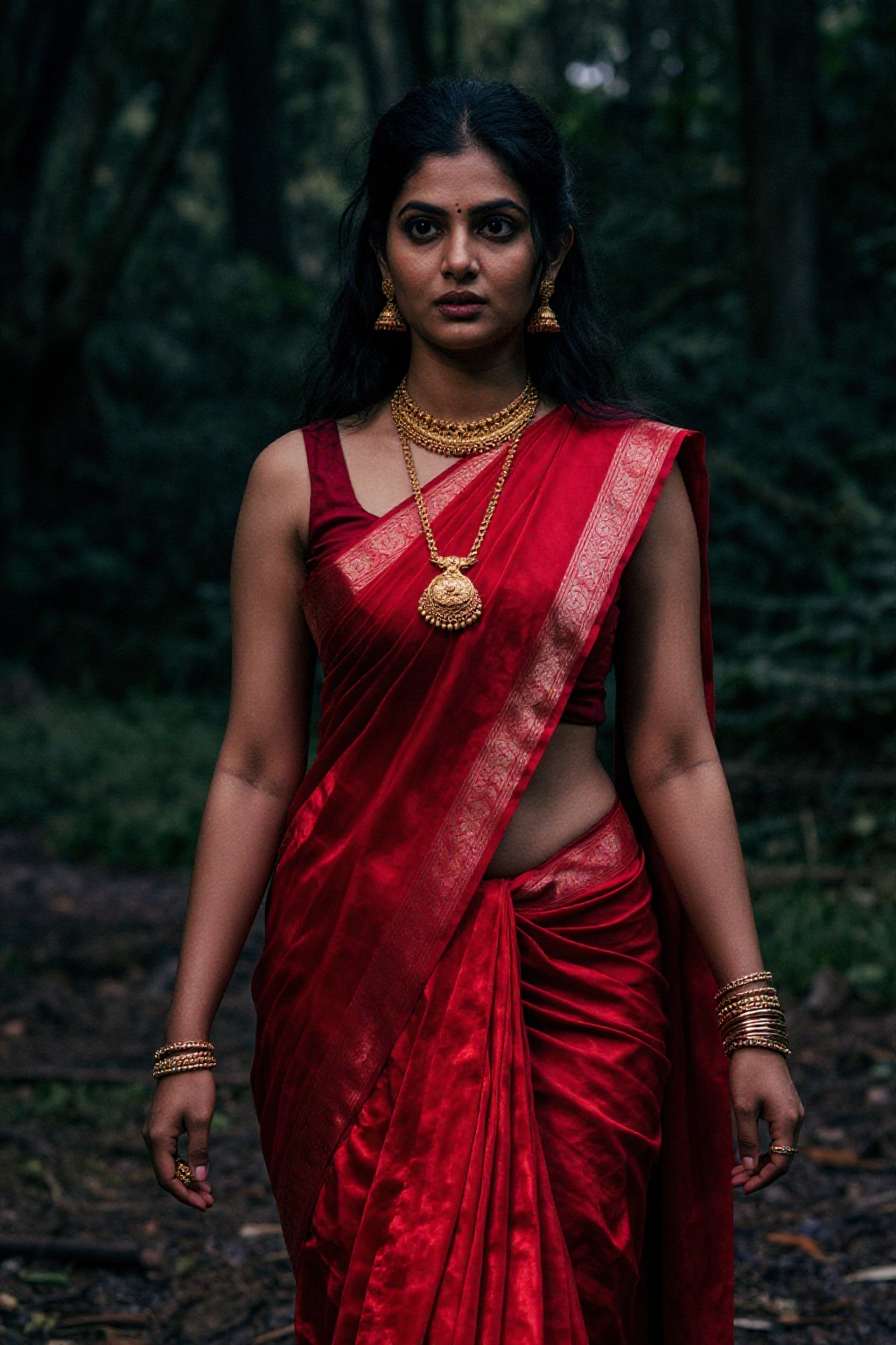 "Hyper-realistic image of a young Indian woman from a wealthy family,  trekking through a dark,  old-growth forest in Kera...