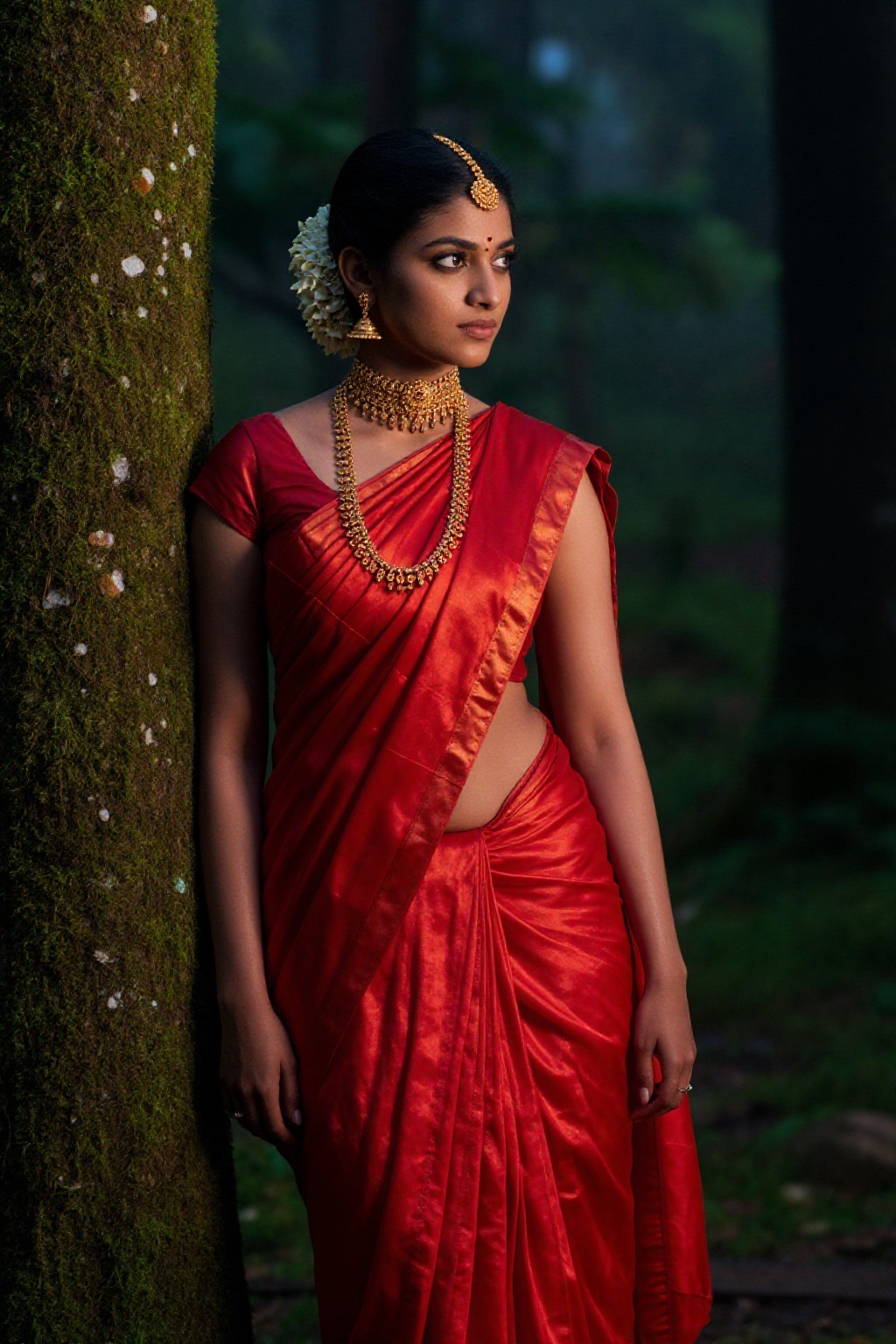Deep in the woods of Kerala,  a young rich woman in a bright red silk pattu saree leans against a moss-covered tree. The s...