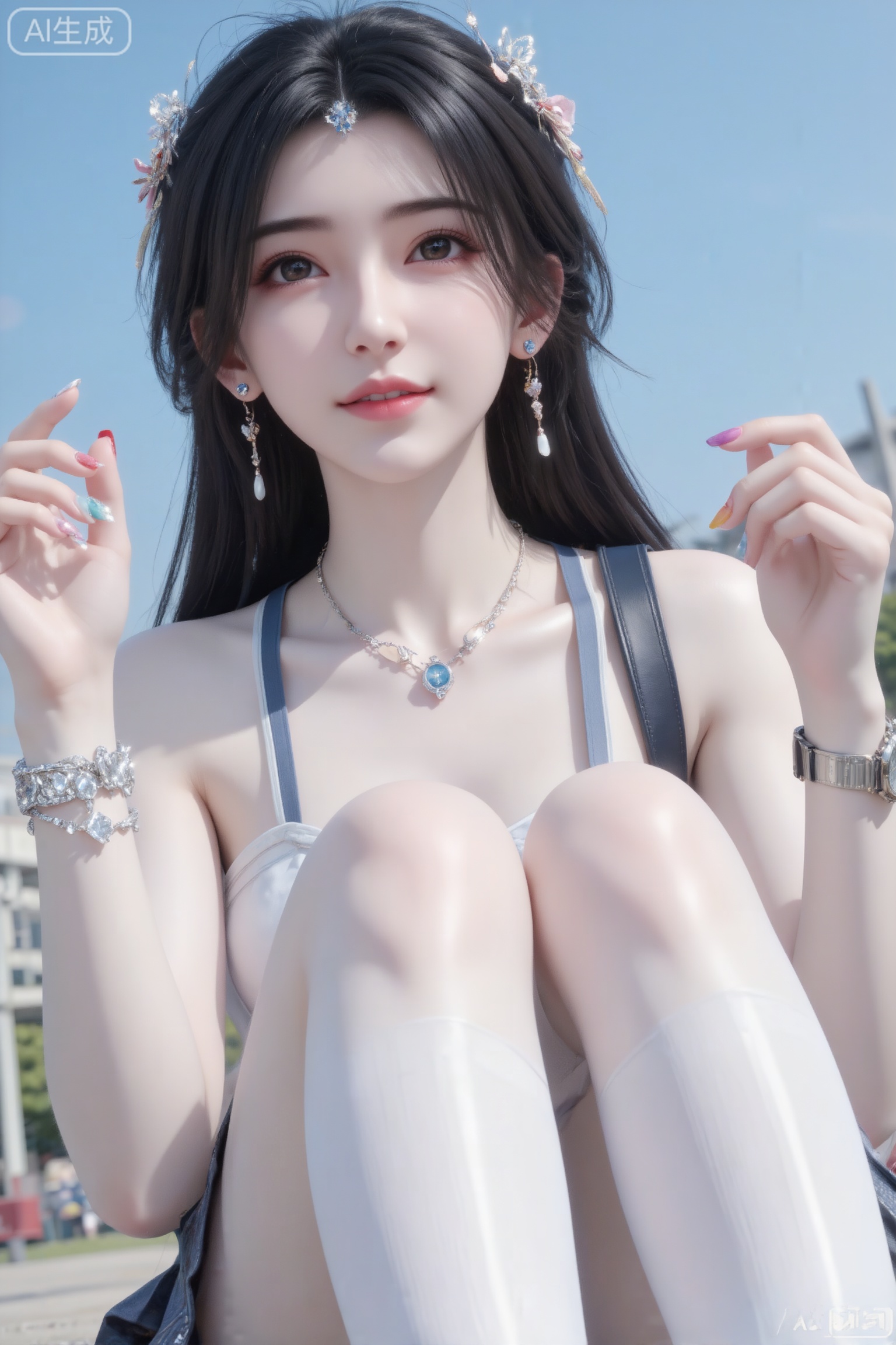 杰作级画质,顶级图像精度,超高清细节渲染,单人女性角色,（黑色亮丽的长发：1.4）,（比例优越的纤细长腿：1.3）,（肌肤白皙光滑的匀称美腿：1.4）,（挺拔饱满的D 罩杯曲线：1.4）,（精致立体的美颜五官：1.4）,美颜全开,光滑油亮的皮肤,水嫩的肌肤,一个女孩,黑色头发,李慕婉,
在操场边,采用低角度仰拍构图画面中的18岁女学生,精致萝莉风格穿搭,搭配精致发饰,尽显可爱俏皮。冷白皮气质美女,纯欲风,皮肤白皙,偶像气质,fairskin,光滑,随机英伦校服,随机的妆容,随机的美甲,随机发型（中式/日式/韩式）和颜色,随机的饰品,随机的动作,随机的光影,随机角度拍摄,总体有很多的不确定性,但又好看,搭配又很合理,最高等级画质,IHD,美颜全开,超高清,32k分辨率,去掉一切噪点,冷色调,高曝光,高亮度她表情可爱,摆出俏皮的动作,透着慵懒气息,鬓角发丝凌乱自然垂落,为她增添了几分随性。采用微距镜头半身拍摄,聚焦于她上半身,将每一处细节都清晰展现,超细节呈现出她冷白、匀净、清透且细腻的皮肤。,,侧光出片氛围拉满；神情松弛自然,奶油白肌肤,微醺,自然松弛,少女感网拍,聚焦眼睛,独特韵味的美,瞬间被抓拍,动作随性；柔和色彩,磨皮人物轮廓边缘,清新,质感最高级,层次丰富,神态肢体自然,妆容清透,背景虚化突出主体,风格温柔有视觉张力。,互动道具：钻石手环。 照片感染力,故事感,最高等级画质,强烈阳光照在腿上,露双肩身材完美,背着小包包,戴耳钉,戴手表,戴项链,莫兰迪配色,高颜值,打光不均匀造成的轻微曝光过度,做可爱表情,眉清目秀,初恋感,眼神很自然不失真,皮肤质感白嫩清透,甜美女生,完美贴合身形；整体风格简约大气,又因修身剪裁,俏皮灵动,嫩白皙柔滑,氛围感,故事感,视觉冲击效果,高级感,动态感,32K,大师杰作。梦幻,冷白皮,身材完美,肌肤雪白有光泽。整体画面必须清新明亮干净。随机表情,随机的淡妆容,随机发型和黑发,随机的动作,随机的光影,随机角度,总体有很多的不确定性,但又好看,搭配又很合理,最高等级画质,情绪片,极简风,唯美迷人,优雅气质,偶像气质,高级感,三庭五眼,瓜子脸,清纯,展现冰瓷玉肌冷白皮绝世美人