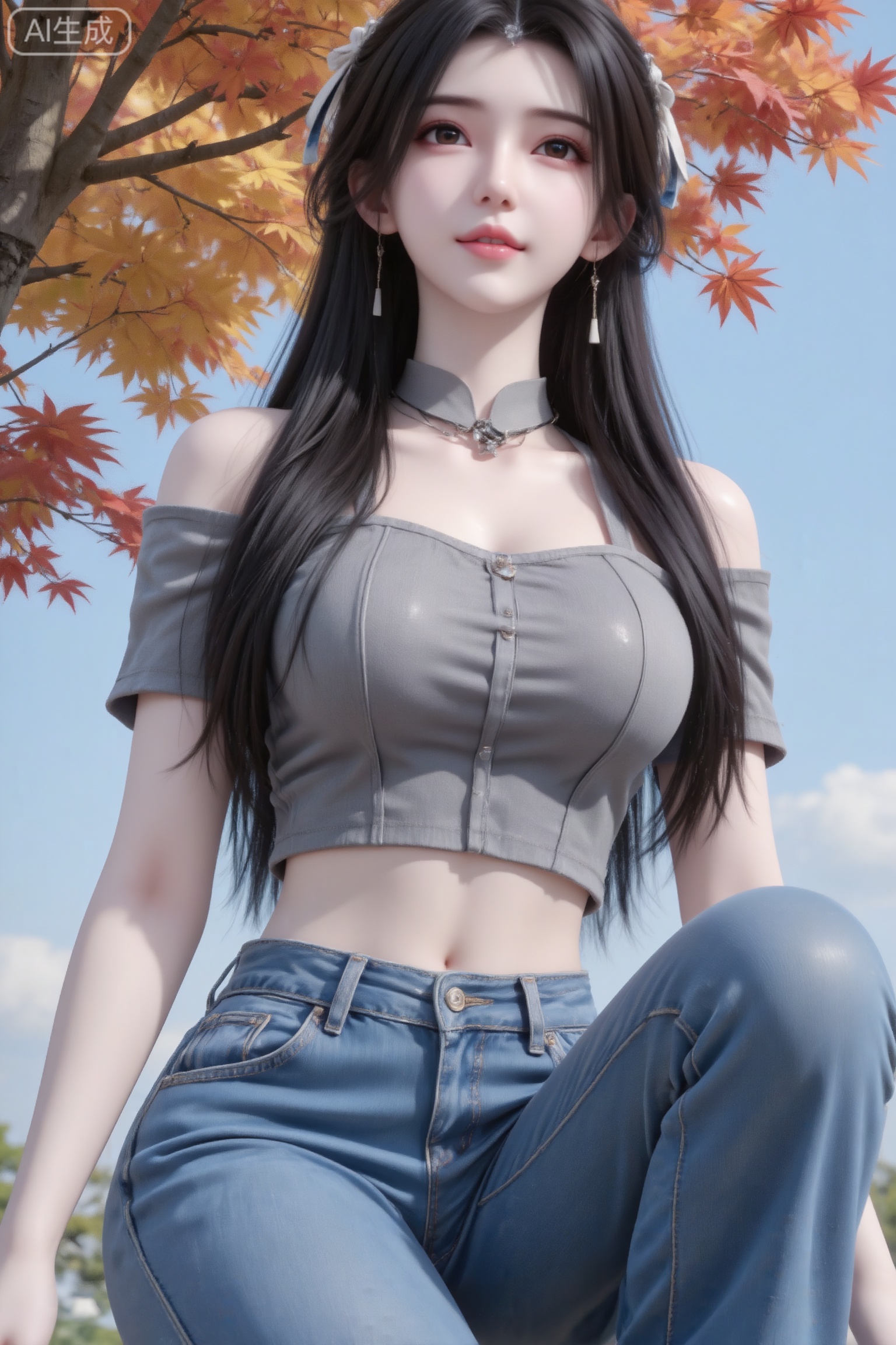杰作级画质,顶级图像精度,超高清细节渲染,单人女性角色,（黑色亮丽的长发：1.4）,（比例优越的纤细长腿：1.3）,（肌肤白皙光滑的匀称美腿：1.4）,（挺拔饱满的D 罩杯曲线：1.4）,（精致立体的美颜五官：1.4）,美颜全开,光滑油亮的皮肤,水嫩的肌肤,一个女孩,黑色头发,李慕婉,
日常生活快照,非精心构图和打光,随手一拍的感觉；一个女明星。黑长直造型,身着灰色露肩短款上衣+低腰紧身喇叭牛仔裤；高挑身材,完美身材,葫芦形S身材,人物主体占画面百分之80以上,低角度微距仰拍,蹲姿,腿部特写。背景:枫树,天空。,表情可爱黑长直深色长发系带束缚,年轻娇小,发丝呈现出自然的蓬松感与垂坠感,长发散落于肩头两侧,几缕发丝拂面,冷白皮气质美女,纯欲风,皮肤白皙,偶像气质,fairskin,光滑,水润质感,陶醉,