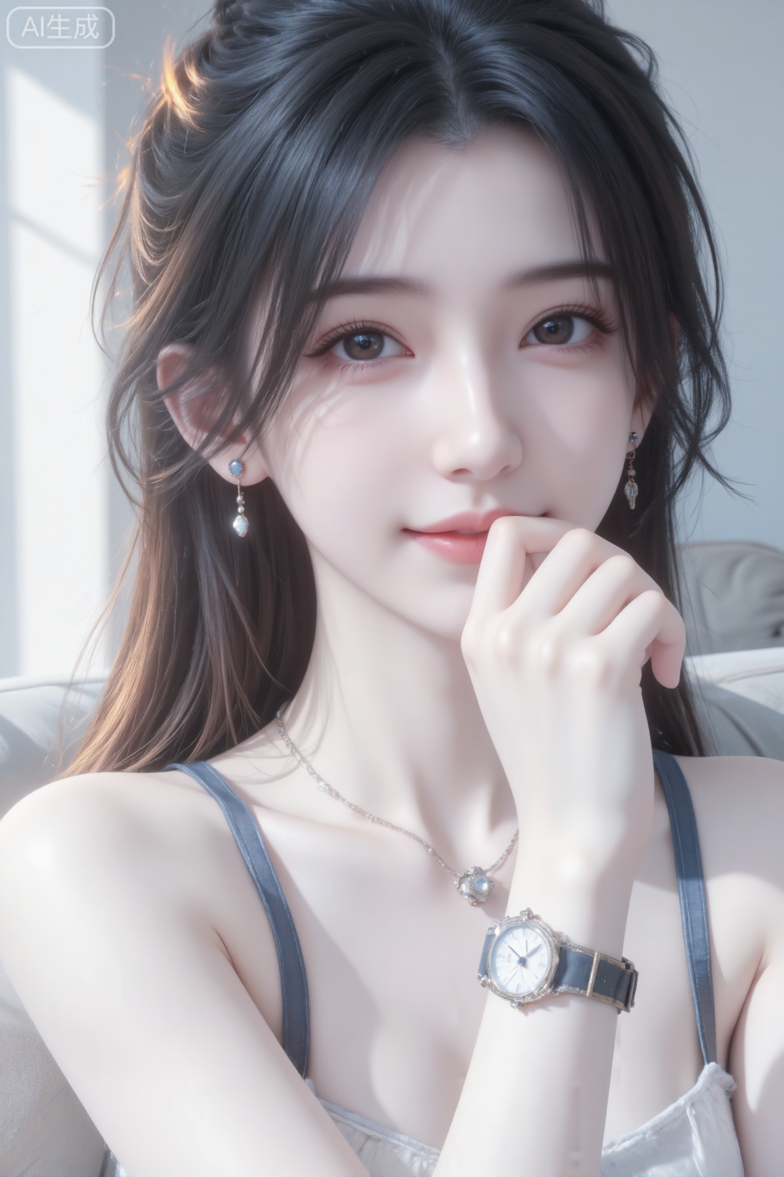 杰作级画质,顶级图像精度,超高清细节渲染,单人女性角色,（黑色亮丽的长发：1.4）,（比例优越的纤细长腿：1.3）,（肌肤白皙光滑的匀称美腿：1.4）,（挺拔饱满的D 罩杯曲线：1.4）,（精致立体的美颜五官：1.4）,美颜全开,光滑油亮的皮肤,水嫩的肌肤,一个女孩,黑色头发,李慕婉,
柔和清晰,居家抓拍风格,无刻意布景或打光,纯欲风,冷白皮,佳人,深棕色长发,发丝蓬松凌乱,几缕碎发贴在唇角,慵懒又清甜,指尖轻捻额前乱发,捂唇偷笑,柔媚又俏皮,客厅沙发旁,纵深感,灵动娇软,上半身特写,发丝泛着暖光,侧光出片氛围拉满；神情松弛自然,奶油白肌肤,微醺,自然松弛,少女感网拍,聚焦眼睛,独特韵味的美,瞬间被抓拍,动作随性；柔和色彩,磨皮人物轮廓边缘,清新,质感最高级,层次丰富,神态肢体自然,妆容清透,背景虚化突出主体,风格温柔有视觉张力。,互动道具：精美手镯。 照片感染力,故事感,最高等级画质,强烈阳光照在腿上,露双肩身材完美,背着小包包,戴耳钉,戴手表,戴项链,莫兰迪配色,高颜值,打光不均匀造成的轻微曝光过度,做可爱表情,眉清目秀,初恋感,眼神很自然不失真,皮肤质感白嫩清透,甜美女生,完美贴合身形；整体风格简约大气,又因修身剪裁,俏皮灵动,嫩白皙柔滑,氛围感,故事感,视觉冲击效果,高级感,动态感,32K,大师杰作。梦幻,冷白皮,身材完美,肌肤雪白有光泽。整体画面必须清新明亮干净。随机表情,随机的淡妆容,随机发型和黑发,随机的动作,随机的光影,随机角度,总体有很多的不确定性,但又好看,搭配又很合理,最高等级画质,情绪片,极简风,唯美迷人,优雅气质,偶像气质,高级感,三庭五眼,瓜子脸,清纯,展现冰瓷玉肌冷白皮绝世美人,傲人身材,D cup,美颜全开,光滑油亮水嫩的皮肤