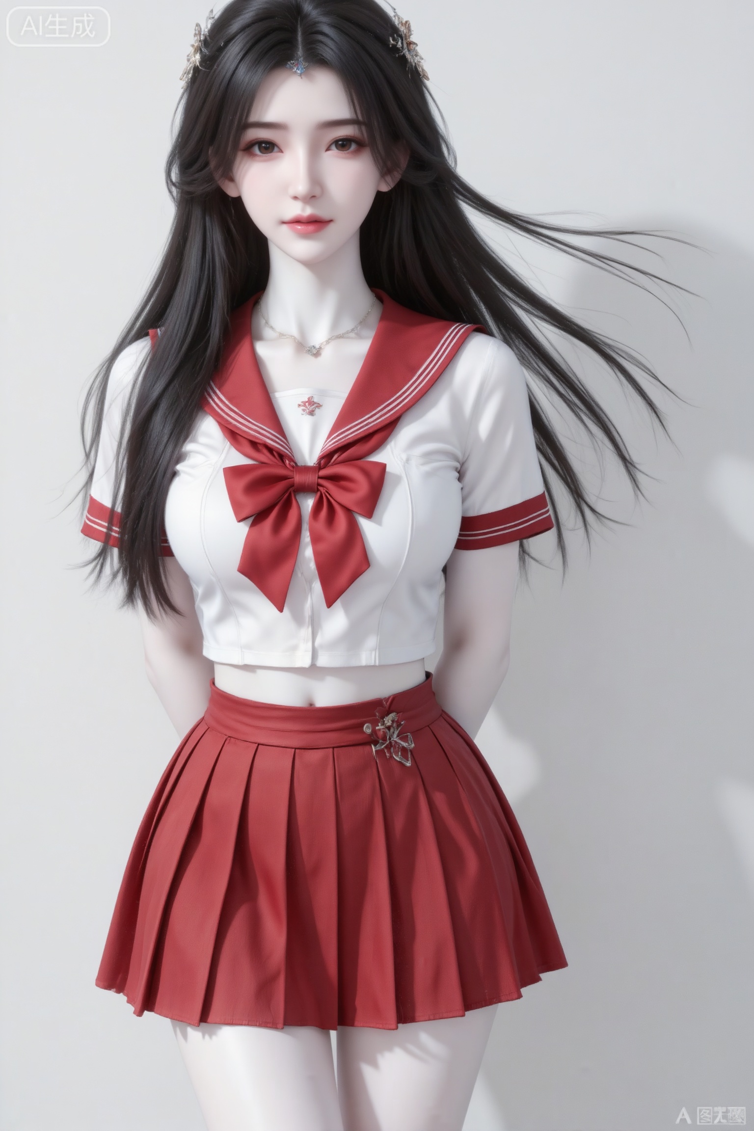 杰作级画质,顶级图像精度,超高清细节渲染,单人女性角色,（黑色亮丽的长发：1.4）,（比例优越的纤细长腿：1.3）,（肌肤白皙光滑的匀称美腿：1.4）,（挺拔饱满的D 罩杯曲线：1.4）,（精致立体的美颜五官：1.4）,美颜全开,光滑油亮的皮肤,水嫩的肌肤,一个女孩,黑色头发,田蜜,
（电影级面光：1.6）,（光线追踪：1.5）,（冷白皮漫感质感的光滑皮肤：1.7）,（人物有最好的骨相：1.2）,（网感脸：1.6）,身材完美,莫兰迪配色,高颜值网红,INS风,19岁女生尖下巴,三庭五眼比例均衡,身材娇小,细腻陶瓷水嫩肌肤,偏冷白皮,随机的妆容,随机的饰品,随机的动作,侧光,发丝轻飘,凌乱,随机角度拍摄,总体有很多的不确定性,但又好看, 风格甜美少女系,氛围慵懒俏皮,东方美女,紫长直,年轻娇小,发丝呈现出自然的蓬松感与垂坠感,长发散落于肩头两侧,几缕发丝拂面,冷白皮气质美女,薇薇纯欲风,皮肤白皙,偶像气质,fairskin,气质的江南美女子,有点甜美,皮肤美白透亮,表情可爱,甜美氛围,细腻笔触,独特韵味的美,可爱表情,穿着红色水手服JK制服套装,红白配色的水手领上衣,搭配红色百褶裙,领口的红色蝴蝶结是标志性装饰,学院风与节日氛围,傲人身材,D cup,美颜全开,光滑雪白水嫩的皮肤