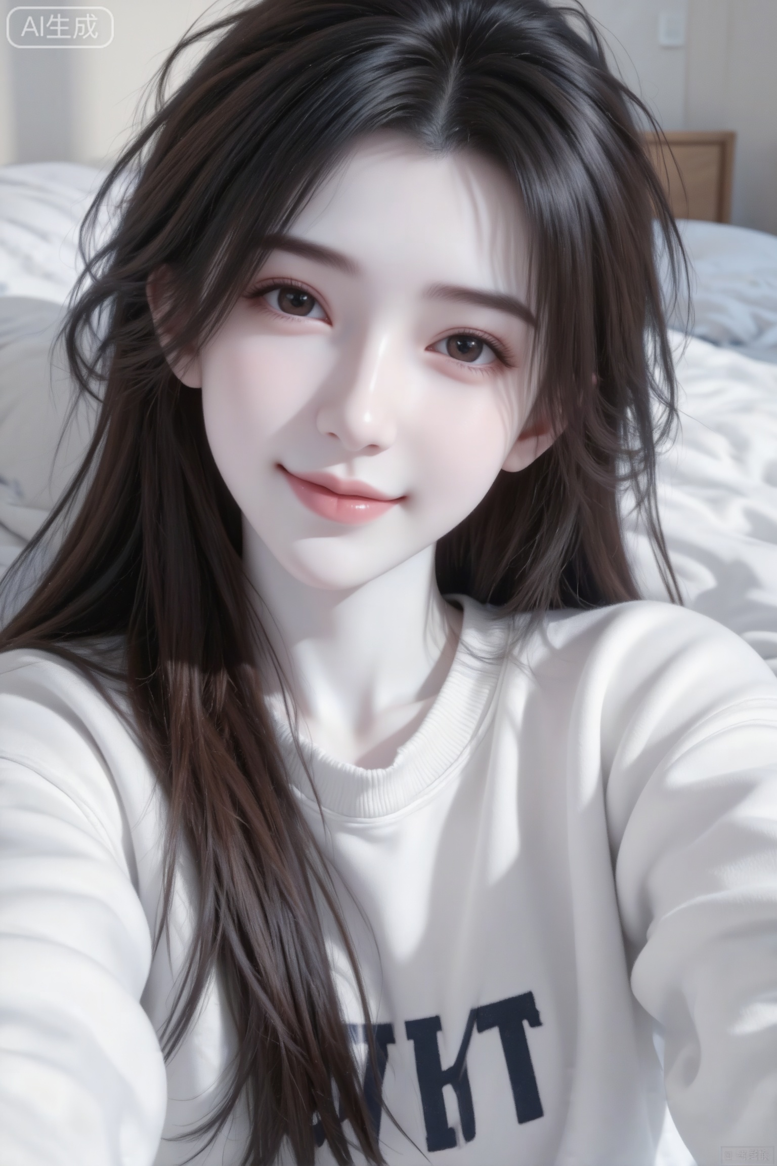 杰作级画质,顶级图像精度,超高清细节渲染,单人女性角色,（黑色亮丽的长发：1.4）,（比例优越的纤细长腿：1.3）,（肌肤白皙光滑的匀称美腿：1.4）,（挺拔饱满的D 罩杯曲线：1.4）,（精致立体的美颜五官：1.4）,美颜全开,光滑油亮的皮肤,水嫩的肌肤,一个女孩,黑色头发,李慕婉,
一位年轻东亚女生,深棕色长发微乱且自然蓬松（发丝随性散落具生活感）,以自拍视角呈现,手臂自然前伸持握设备。,露出自然甜美的微笑,唇色为自然裸感（接近本身唇色,质地通透）,脸颊白皙无腮红。身着白色带深色字母的宽松卫衣,处于洒满柔和自然光的卧室场景,光线从侧方轻柔洒落,形成细腻自然的明暗过渡,营造慵懒随性的日常氛围。画面风格高清写实,充满元气少女的自然灵动,传递舒适治愈的生活质感。”,高颜值,打光不均匀造成的轻微曝光过度,做可爱表情,眉清目秀,初恋感,表情自然松弛慵懒休闲,眼神很自然不失真,完美身材,皮肤质感白嫩清透,甜美女生,完美贴合身形；整体风格简约大气,又因修身剪裁,俏皮灵动,嫩白皙柔滑,氛围感,故事感,视觉冲击效果,高级感,动态感,32K,大师杰作。梦幻,冷白皮,必须身材完美,肌肤雪白有光泽。整体画面必须清新明亮干净。随机表情,随机的淡妆容,随机发型和颜色,随机的动作,随机的光影,随机角度,总体有很多的不确定性,但又好看,搭配又很合理,最高等级画质,CCD拍摄,情绪片,极简风,唯美迷人,优雅气质,偶像气质,高级感,三庭五眼,瓜子脸,清纯,日常快照风格高质量图像,展现冰瓷玉肌冷白皮绝世女,傲人身材,,美颜全开,光滑油亮水嫩的皮肤