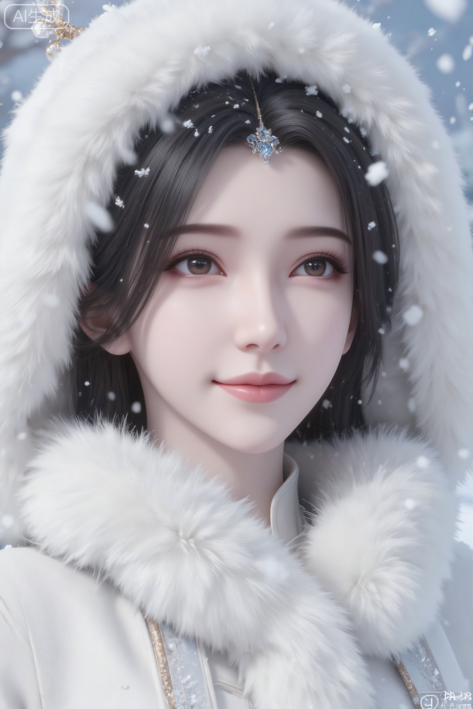 杰作级画质,顶级图像精度,超高清细节渲染,单人女性角色,（黑色亮丽的长发：1.4）,（比例优越的纤细长腿：1.3）,（肌肤白皙光滑的匀称美腿：1.4）,（挺拔饱满的D 罩杯曲线：1.4）,（精致立体的美颜五官：1.4）,美颜全开,光滑油亮的皮肤,水嫩的肌肤,一个女孩,黑色头发,李慕婉,
冬天氛围感,一个漂亮的女子,披着白色连帽子大皮草,皮草质感,毛茸茸的,有光泽,有装饰,眺望远方,微笑,雪花,飘落,冬天,唯美,氛围感强,画质清晰,人物写真,电影质感