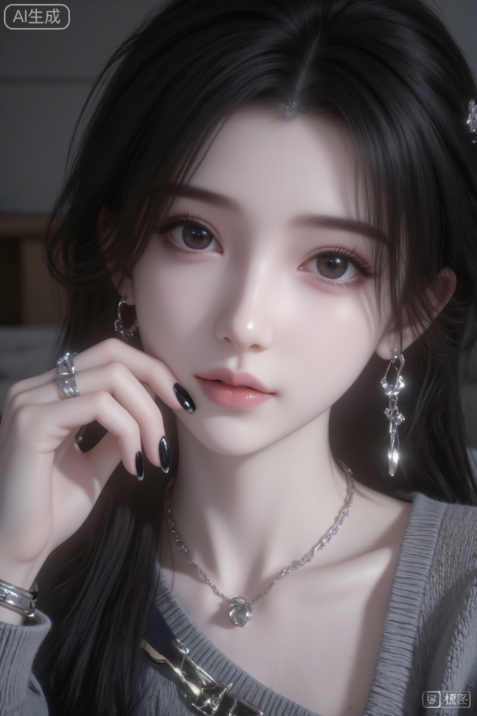 杰作级画质,顶级图像精度,超高清细节渲染,单人女性角色,（黑色亮丽的长发：1.4）,（比例优越的纤细长腿：1.3）,（肌肤白皙光滑的匀称美腿：1.4）,（挺拔饱满的D 罩杯曲线：1.4）,（精致立体的美颜五官：1.4）,美颜全开,光滑油亮的皮肤,水嫩的肌肤,一个女孩,黑色头发,李慕婉,
超高颜值骨感甜美女孩,网感头像,远景,瓷白肌肤、奶油白肌肤,稚嫩感,冷白皮,脸部曝光,脸部高光,亮晶晶的鼻子,漂亮的大眼睛,自然卷翘的睫毛,皮肤质感,少女感,网感,无辜大眼睛,微醺,自然松弛,长相貌似像洋娃娃般精致,网感妆,自然光线,暖调滤镜,少女感网拍,概念风美学,情绪氛围感,聚焦眼睛,慵懒氛围感,脸部轻微曝光,独特韵味的美,发丝轻抚脸颊,潮牌单肩毛衣,毛衣带金属装饰,亮晶晶耳饰,可爱表情,樱桃小嘴,唯美长发,室内居家,随手一拍、抓拍,极简留白、空境叙事、低饱和静谧、暗调沉敛、清透疏离,质感弱化、情绪具象、意境优先、简约克制、氛围感主导,氛围感美学,柔焦朦胧、光影氛围感、低饱和氛围感、松弛慵懒感、清透疏离感、暗调静谧感、暖调治愈感、空境松弛感、雾面朦胧感、发丝柔光感, 亮银色大圈耳环和项链,配饰亮银色戒指,带着手镯,配着亮油大黑色美甲,傲人身材,D cup,美颜全开,光滑油亮水嫩的皮肤