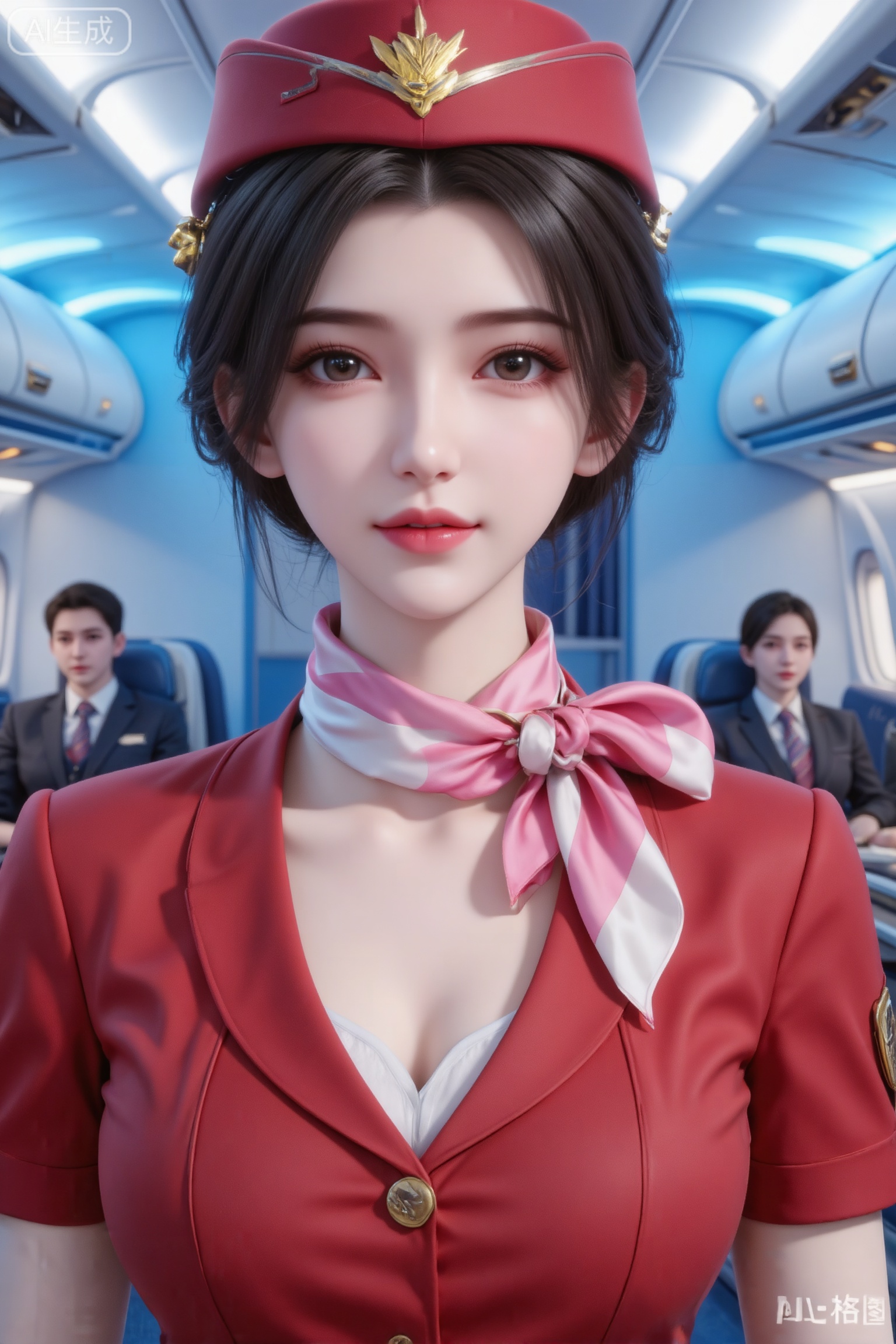 杰作级画质,顶级图像精度,超高清细节渲染,单人女性角色,（黑色亮丽的长发：1.4）,（比例优越的纤细长腿：1.3）,（肌肤白皙光滑的匀称美腿：1.4）,（挺拔饱满的D 罩杯曲线：1.4）,（精致立体的美颜五官：1.4）,美颜全开,光滑油亮的皮肤,水嫩的肌肤,一个女孩,黑色头发,李慕婉,
主题描述：一个美丽空姐穿着红色紧身V领短袖制服短裙,戴航空金质徽章同色系帽子,系粉白飘动丝巾,在淡蓝色调豪华机舱内进行直播；正面中心构图突显立体感肌肤纹理的面部特写,背景可见衣冠整齐的乘客与弧形舱窗；美学词：32k超精细分辨率呈现明亮双眼细节,柔和均匀的室内光线包裹人物轮廓,清新淡蓝与粉金撞色氛围；专业词：柔光系统布光打造无影肤质,85mm商业人像镜头焦外虚化,4D面部捕捉系统增强睫毛反光,霓虹灯箱背景光效分层渲染机舱金属质感“傲人身材,D cup,美颜全开,光滑雪白油亮水嫩肌肤