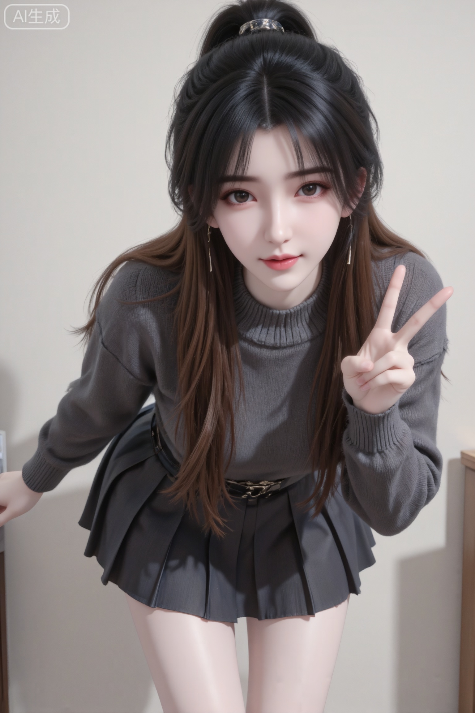 杰作级画质,顶级图像精度,超高清细节渲染,单人女性角色,（黑色亮丽的长发：1.4）,（比例优越的纤细长腿：1.3）,（肌肤白皙光滑的匀称美腿：1.4）,（挺拔饱满的D 罩杯曲线：1.4）,（精致立体的美颜五官：1.4）,美颜全开,光滑油亮的皮肤,水嫩的肌肤,一个女孩,黑色头发,李慕婉,
普通房间,背景清晰,清透精致棕色长发,半扎高马尾,其余散发自然垂下,纯欲风,精致发型,空气刘海,美女,时尚前卫,毛衣,百褶裙,看着镜头,身体前倾,一只手比耶,动作表情可爱,摆着pose
