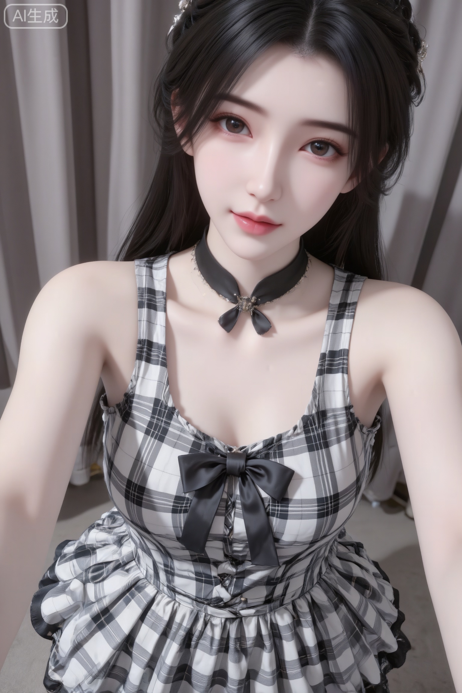杰作级画质,顶级图像精度,超高清细节渲染,单人女性角色,（黑色亮丽的长发：1.4）,（比例优越的纤细长腿：1.3）,（肌肤白皙光滑的匀称美腿：1.4）,（挺拔饱满的D 罩杯曲线：1.4）,（精致立体的美颜五官：1.4）,美颜全开,光滑油亮的皮肤,水嫩的肌肤,一个女孩,黑色头发,李慕婉,
仰拍视角,人脸特写,网红美女自拍照,盘发,着装风格简约时尚,具体如下： _ 连衣裙：穿着一件无袖格纹连衣裙,主体为白、黑格纹,侧边有褶皱设计,裙摆呈荷叶边样式,领口处还有蝴蝶结装饰,增添甜美感； ,网红氛围光,黑色项圈,看着镜头,普通房间,背景为纯色窗帘,日常快照风格,非精心构图,非专业打光。,脸部补光。光滑洁白皮肤,神级容颜,100级美颜美白,磨皮。如瓷白一般干净光滑的画面风格,极致清晰的光滑镜面质感画风,以32K像素点压缩呈极致清晰。