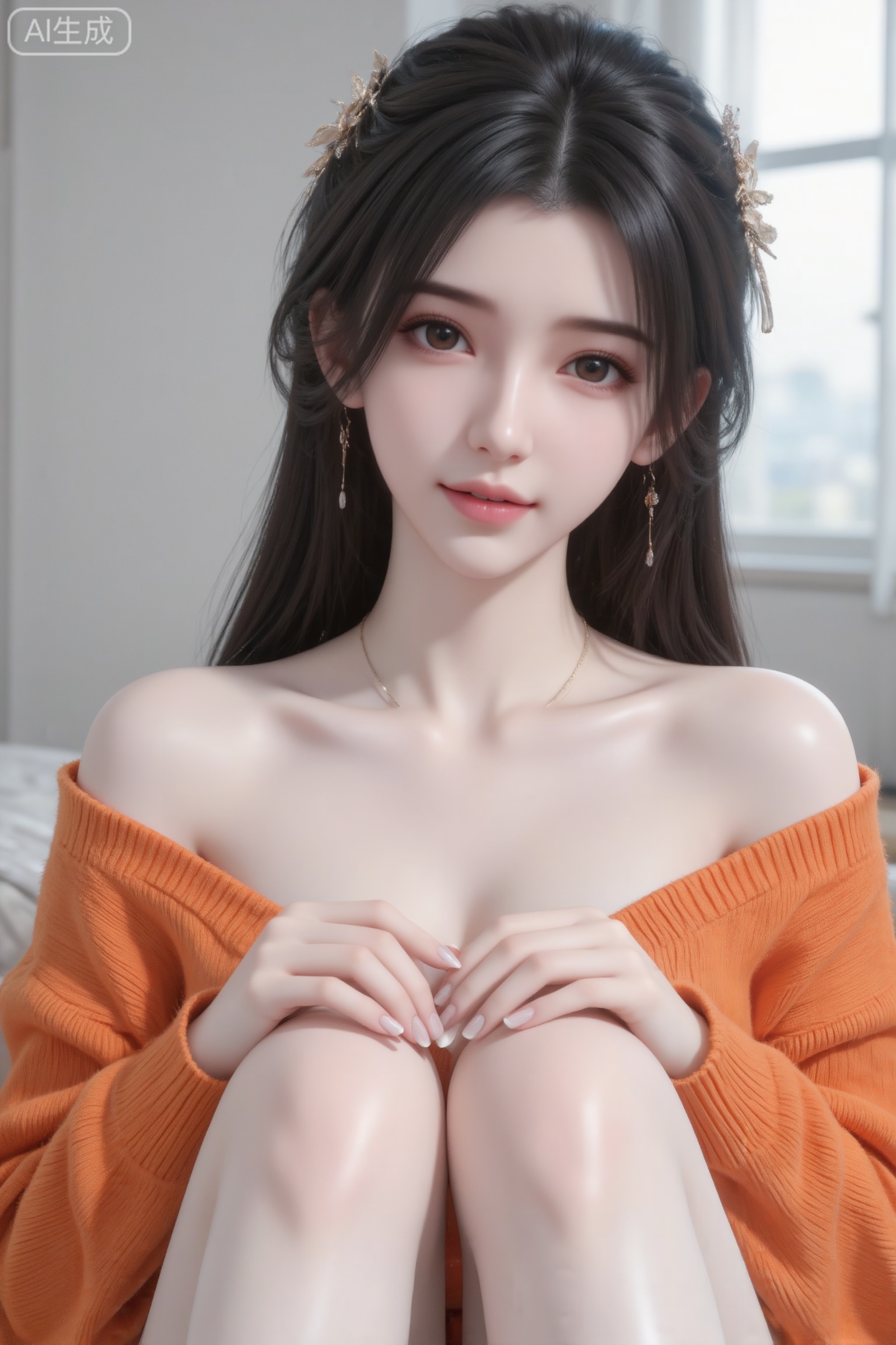 杰作级画质,顶级图像精度,超高清细节渲染,单人女性角色,（黑色亮丽的长发：1.4）,（比例优越的纤细长腿：1.3）,（肌肤白皙光滑的匀称美腿：1.4）,（挺拔饱满的D 罩杯曲线：1.4）,（精致立体的美颜五官：1.4）,美颜全开,光滑油亮的皮肤,水嫩的肌肤,一个女孩,黑色头发,李慕婉,
俏皮可爱的动作,慵懒。 背景普通房间,逆光拍摄, ,日常快照风格,自然柔和光线,鬓角发丝凌乱自然垂落,随机动态视角,摆pose。 人像摄影,日常快照风格,美女,精致发饰,露肩长袖宽松橙色毛衣,双肩露出,锁骨很好看,微距镜头,超细节,冷白匀净清透细腻的皮肤,完美身材,半身镜头,裸色美甲,傲人身材,D cup,美颜全开,光滑雪白油亮水嫩肌肤