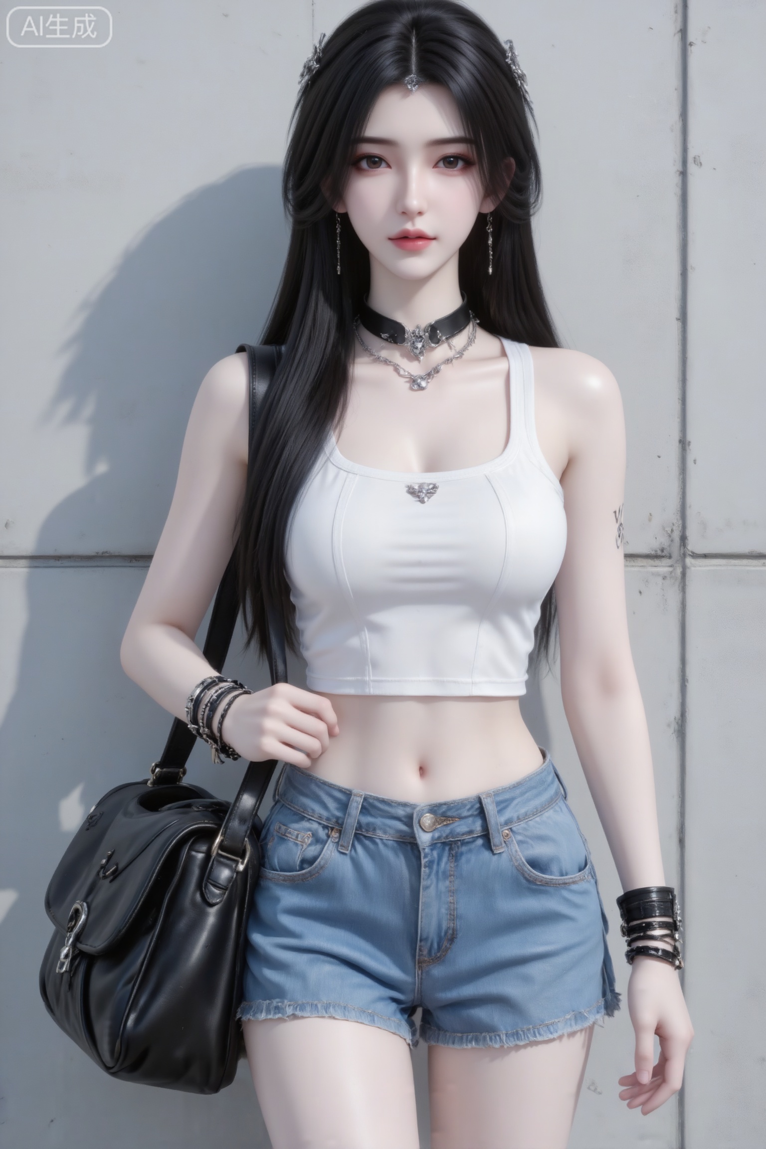 杰作级画质,顶级图像精度,超高清细节渲染,单人女性角色,（黑色亮丽的长发：1.4）,（比例优越的纤细长腿：1.3）,（肌肤白皙光滑的匀称美腿：1.4）,（挺拔饱满的D 罩杯曲线：1.4）,（精致立体的美颜五官：1.4）,美颜全开,光滑油亮的皮肤,水嫩的肌肤,一个女孩,黑色头发,李慕婉,
帮我生成图片：一位绝色少女,五官精致,容颜俊美,冷白皮,眼神冷冽直视镜头,公主切长直发自然垂落,葫芦形S身材,身着白色紧身方领背心搭配牛仔低腰短裤（露出纤细腰肢）,脖颈戴黑色项圈和银色项链,左手腕叠戴多层黑色手链,右手提黑色大容量皮质单肩包；立于浅灰色墙面旁,采用中景平拍构图,光线柔和自然,都市时尚冷艳风格,高清细腻画质。