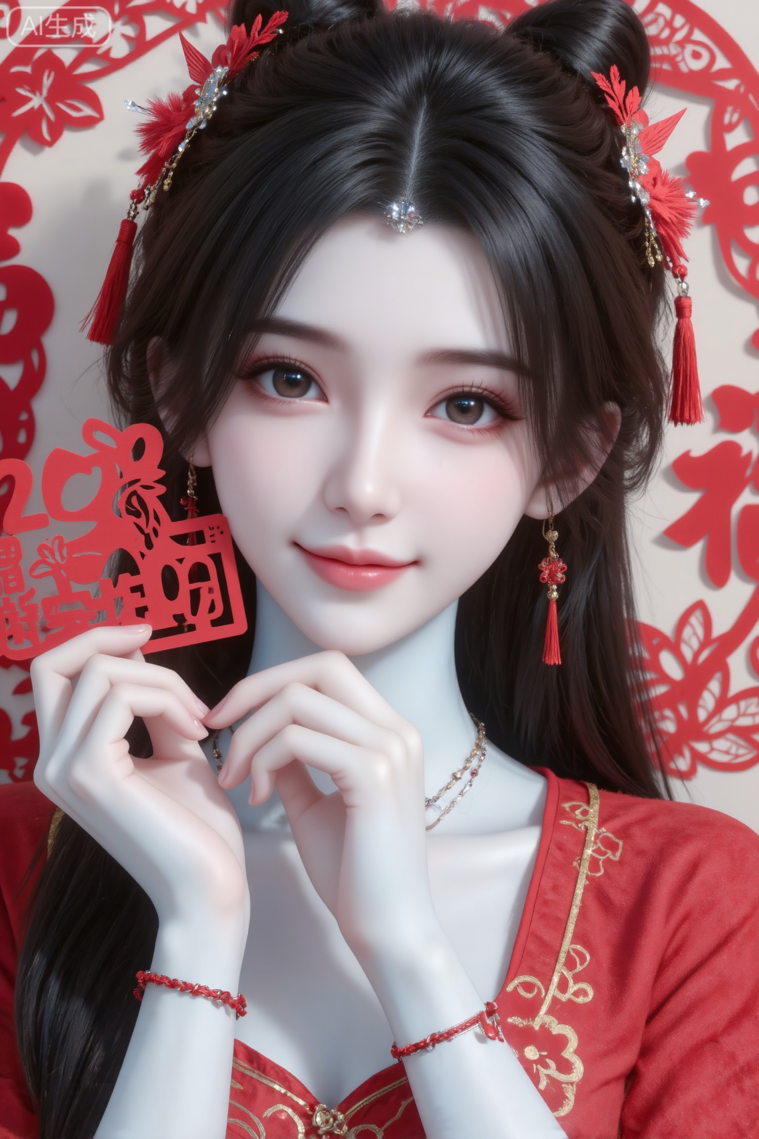 杰作级画质,顶级图像精度,超高清细节渲染,单人女性角色,（黑色亮丽的长发：1.4）,（比例优越的纤细长腿：1.3）,（肌肤白皙光滑的匀称美腿：1.4）,（挺拔饱满的D 罩杯曲线：1.4）,（精致立体的美颜五官：1.4）,美颜全开,光滑油亮的皮肤,水嫩的肌肤,一个女孩,黑色头发,李慕婉,
强透视,镜头通透感,画面张力,写真风格,一个漂亮的女孩（🌸🌸）。鸭蛋脸型,皮肤白皙透亮,肤白胜雪,身材比例完美,手腕戴精致的红绳手链,女孩面容甜美,大眼睛清澈明亮,嘴角微微上扬,露出温柔甜美的笑容,黑色头发梳成双髻,佩戴红色剪纸小鸟、“福”字发饰,穿着红色带有金色云纹的中式服饰,手持“2026”“0”（带剪纸马、新春快乐字样）的装饰,背景为红色剪纸风格（有“福”字、花鸟等图案）,喜庆,中式传统,新年氛围,剪纸艺术。CCD拍摄风格,大师级摄影,极致细节,氛围感浓郁,空灵,时光凝固的感觉。色彩柔和饱满,带有浓郁的喜庆和节日氛围气息20岁绝美女网红,容颜绝美,冷白皮,纯欲风,干净利落新娘盘发,正面照,超清晰画质,妆造精致,饰品精巧,可爱妆造,细节完美,温柔大方,五官精致,面部清晰,户外背景,全景,容颜绝美,冷白皮,纯欲风,精致盘发,正面照,超清晰画质,妆造精致,饰品精巧,温柔大方,五官精致,面部清晰,（电影级面光：1.6）,（光线追踪：1.5）,（冷白皮漫感质感的光滑皮肤：1.7）,（人物有最好的骨相：1.2）,（网感脸：1.6）,身材完美,中国传统配色,高颜值网红,INS风,幼态脸,20岁女生尖下巴,三庭五眼比例均衡,身材娇小,细腻陶瓷水嫩肌肤,偏冷白皮,随机的动作,侧光,随机角度拍摄,总体有很多的不确定性,但又好看,风格甜美少女系,氛围慵懒俏皮,东方美女,年轻娇小,冷白皮气质美女,纯欲风,皮肤白皙,偶像气质,fairskin,气质的江南美女子,有点甜美,皮肤美白透亮,表情可爱,甜美氛围,细腻笔触,独特韵味的美,可爱表情,傲人身材,D cup,美颜全开,光滑雪白油亮水嫩的皮肤