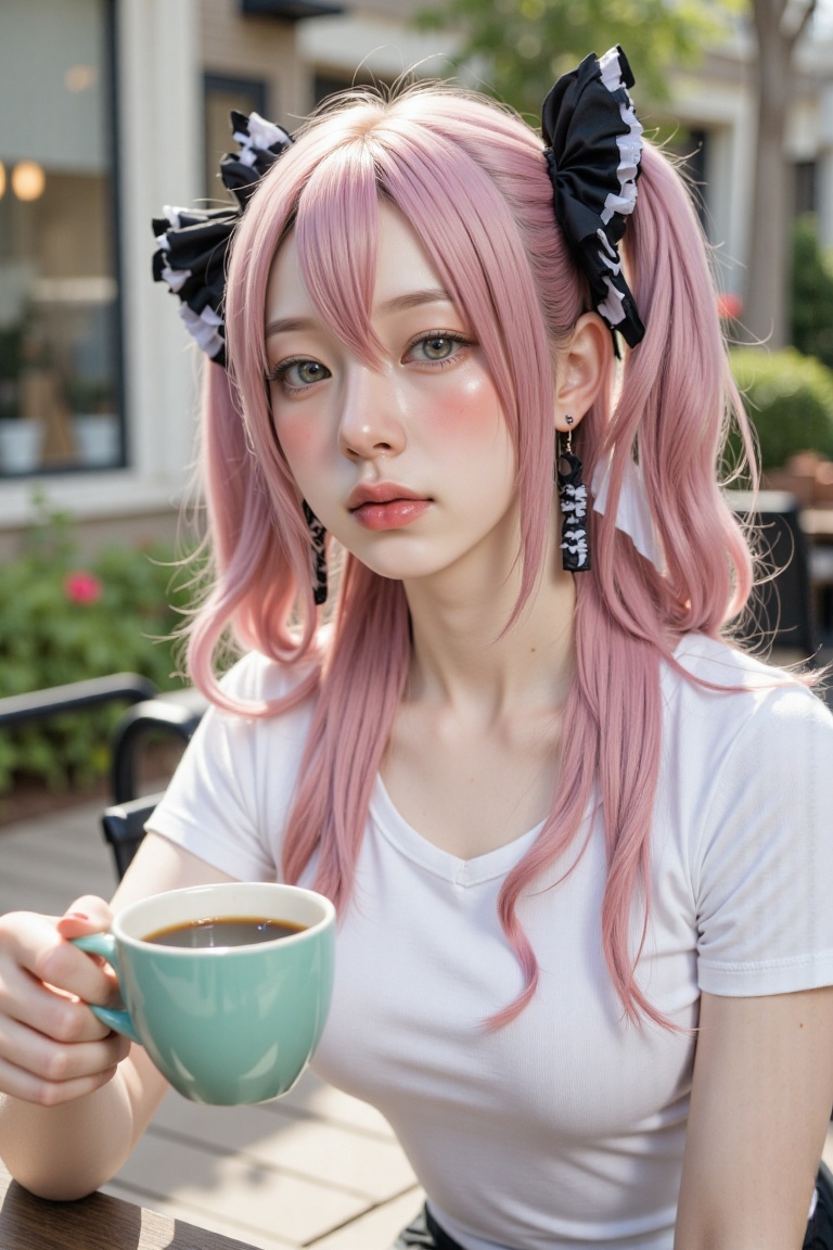 low-angle close shot + centered full-body / soft outdoor daylight / pink hair with black-white ruffle styling / coffee cup...