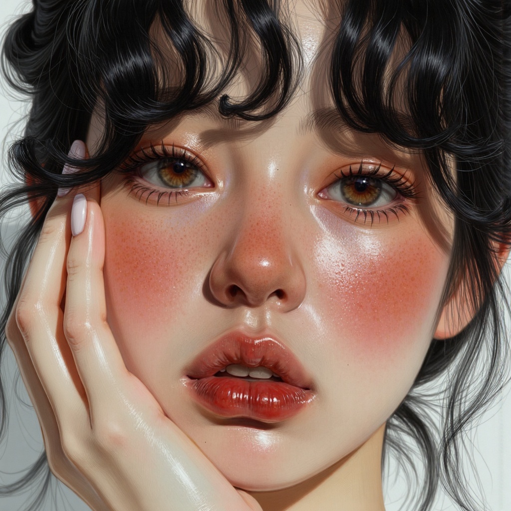 hyper-realistic extreme close-up of the exact same girl as reference,  identical face,  identical ultra dewy glass skin wi...